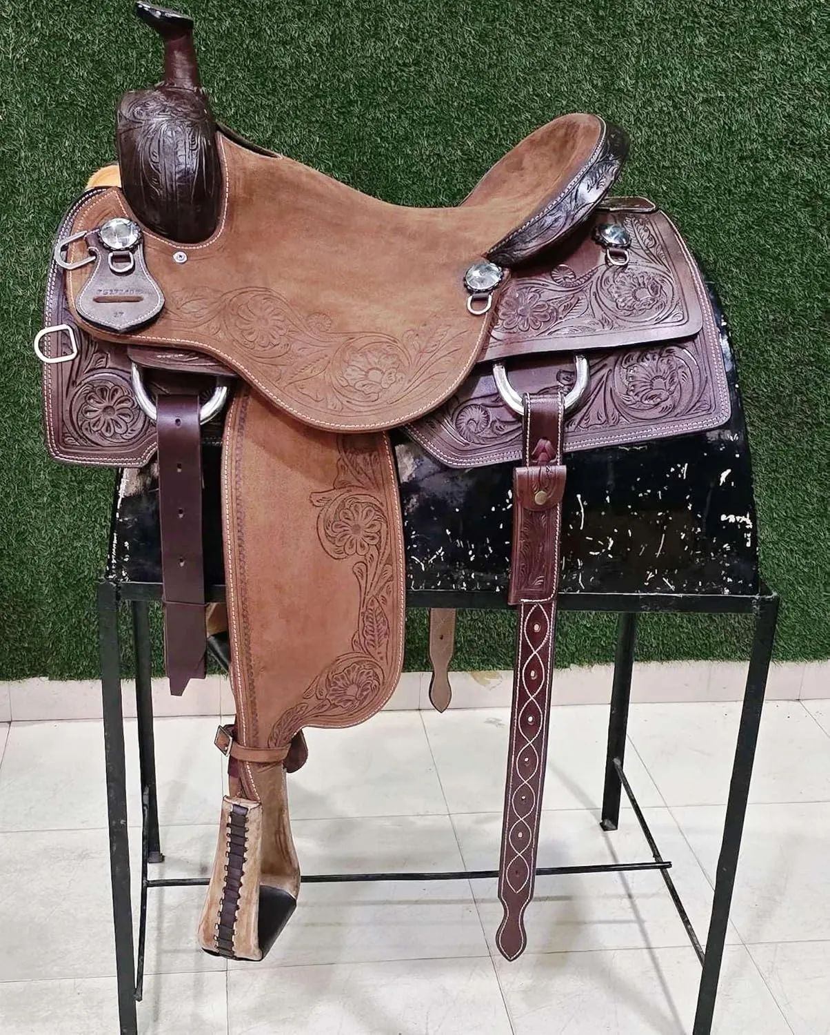 Tooled Leather Rodeo Cowboy Saddles | Western Trail Saddle Horse | Leather Hand Tooled Trail Riding & Barrel Racing Horse Saddle for Ranchers Cowboys | Durable Equine Supplies