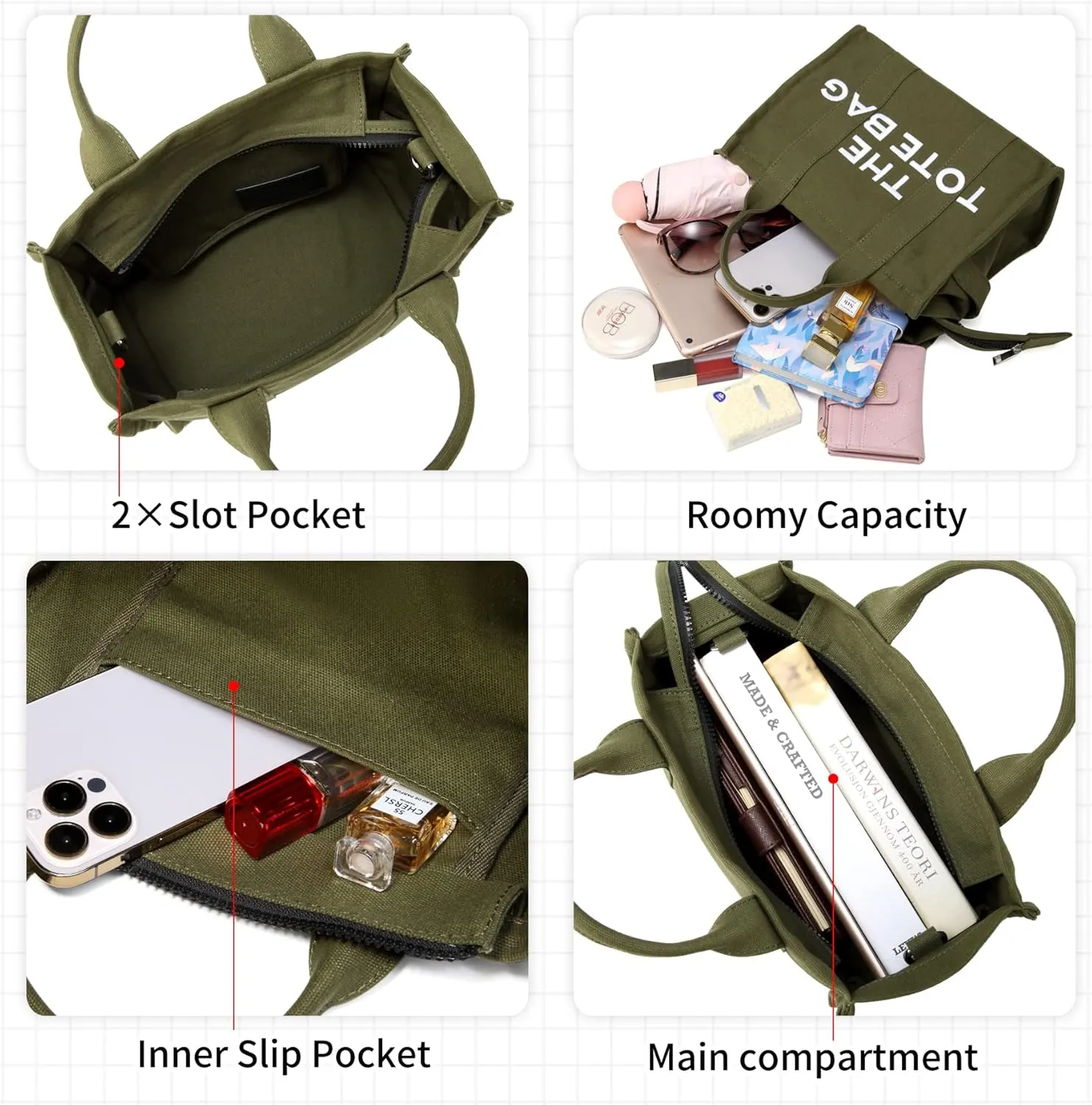 Tote Bag for Women Canvas Zip Top Handle Women's Handbag Multi Pockets Travel Crossbody Shoulder Bag