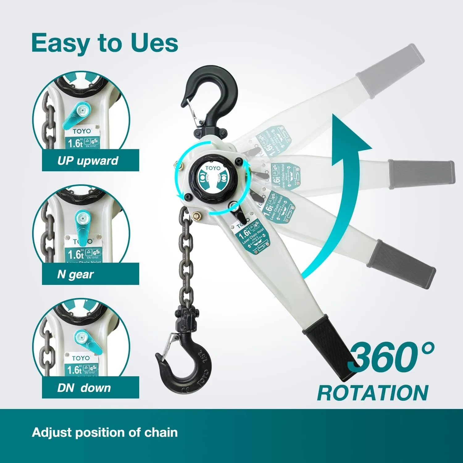 TOYO Lever Chain Hoist 3500Lbs 10ft,Chain Come Along 1.6T 10Ft Ratchet Chain Puller Hoist Alloy Steel G80 Chain 2 Heavy Duty Hooks for Building Warehouse Automotive Garages Machinery (3500LB 10FT)