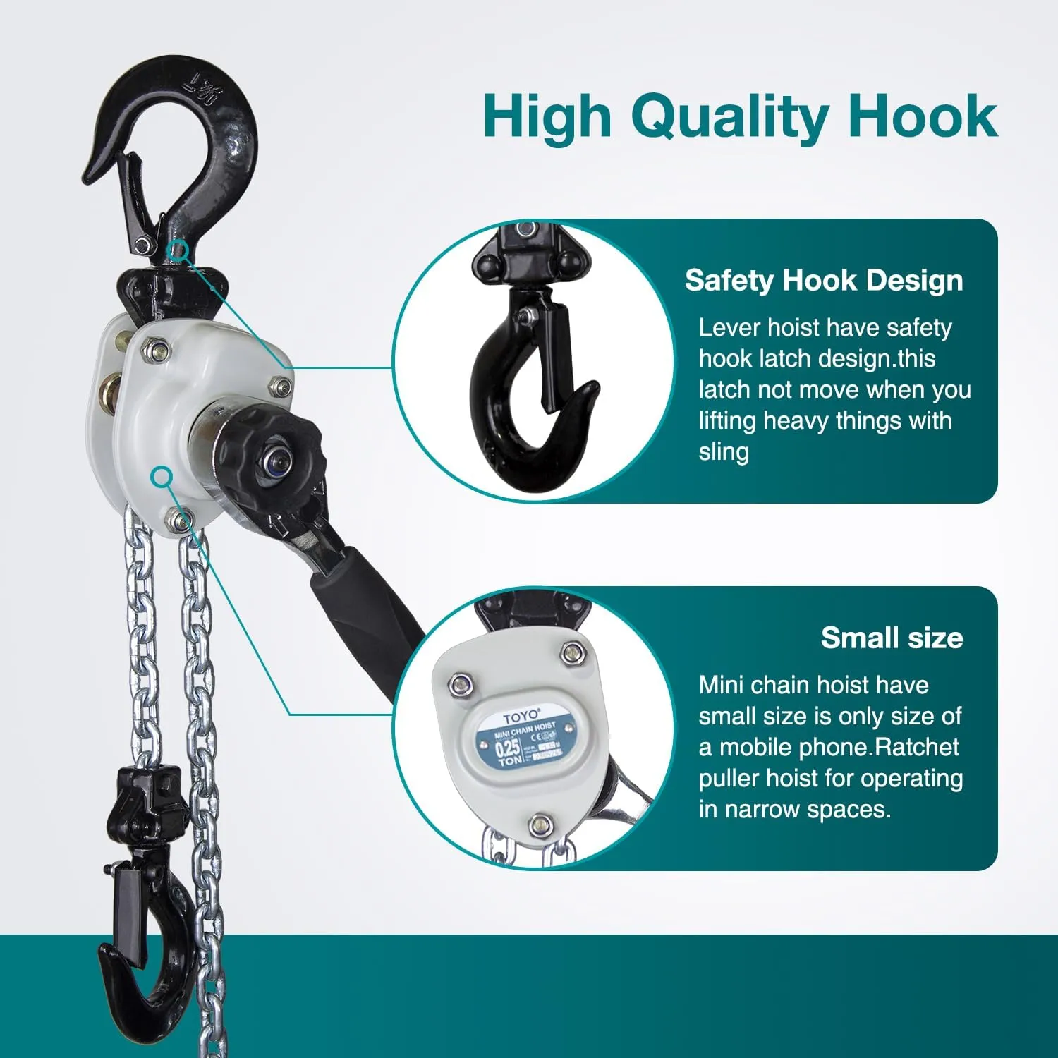 TOYO Mini Chain Hoist 550lb,5 ft Lever Hoist 1/4 ton mini Puller 1.5 M Lever Chain Hoist with 2 Heavy Duty Hook for Warehouse Garages Building Automotive Machinery (550Lb 5Ft)
