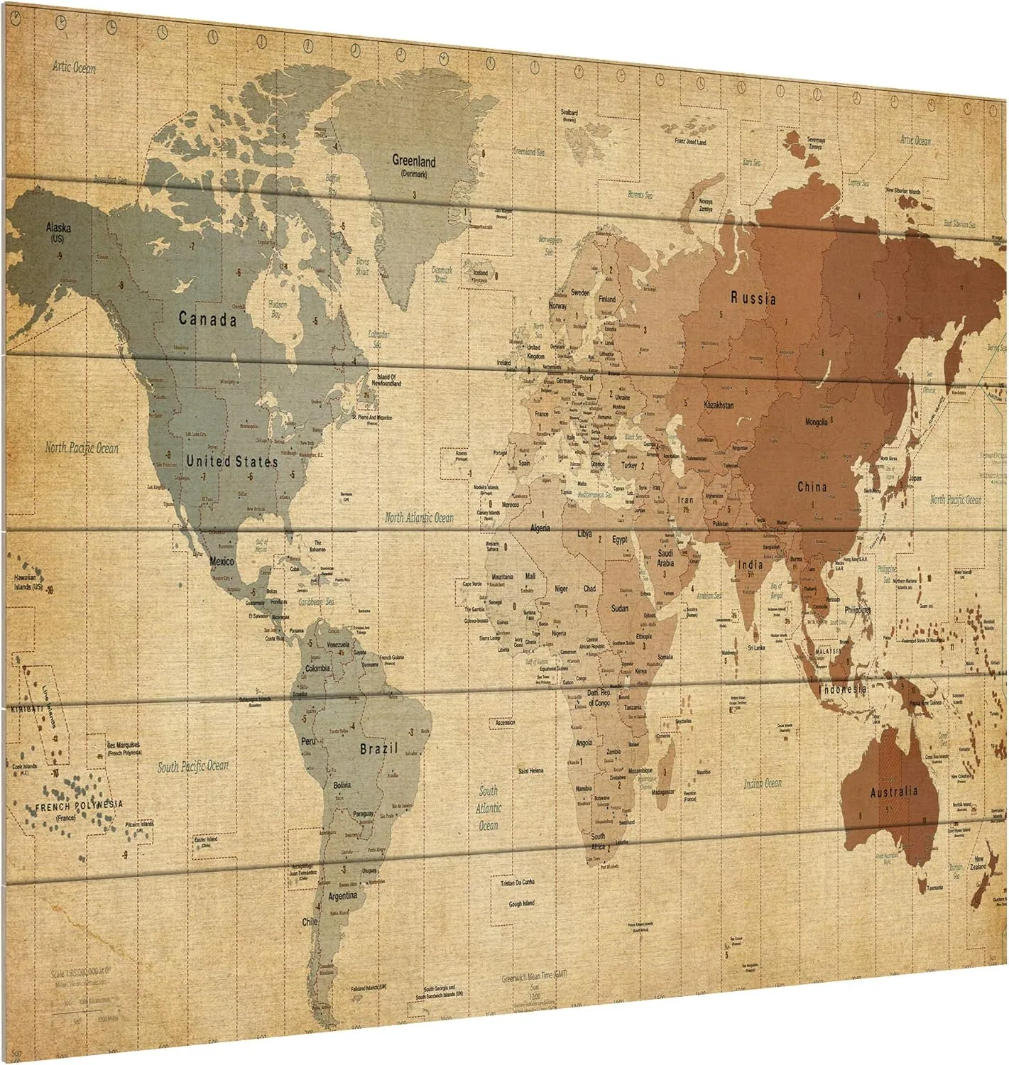 Trademark Fine Art 18x22 Time Zones Map of The World by Michael Tompsett, Wood Slats, Multi-Color