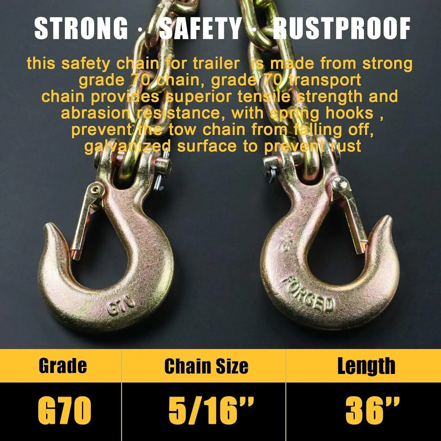 Trailer Safety Chain Grade 70 5/16" x 36",2pcs,each Fitted with 2 Clevis Slip Hook with Latch end Fitting,Working Load Limit:4,700 Lbs,for Heavy Duty Traile and Gooseneck Couplers