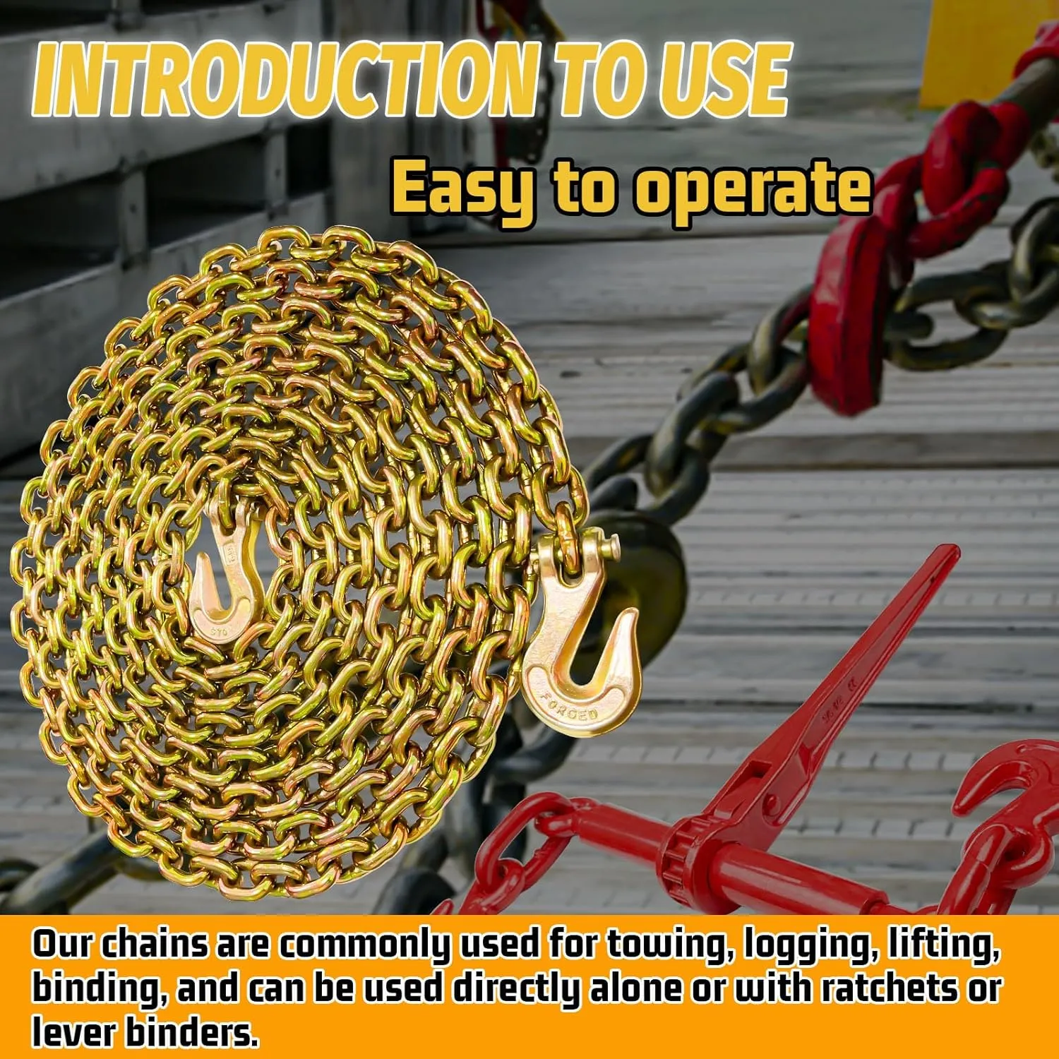 Transport Binder Chain G80-5/16×20 ft Heavy Duty Chain with Clevis Grab Hooks 4900 lbs Break Strength Lifting Trailer Safety Chain Extension Tow Truck Equipment for Gooseneck Couplers