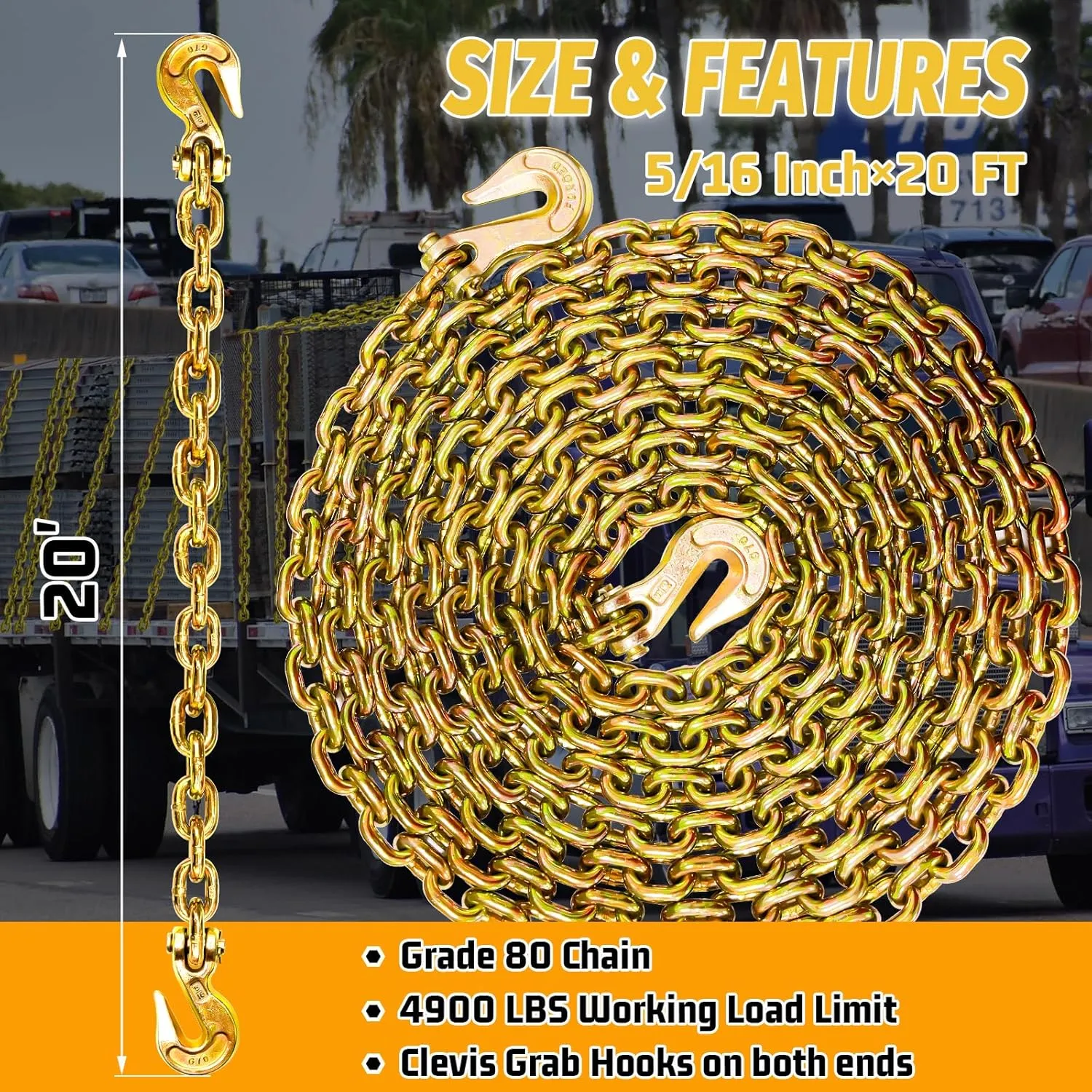 Transport Binder Chain G80-5/16×20 ft Heavy Duty Chain with Clevis Grab Hooks 4900 lbs Break Strength Lifting Trailer Safety Chain Extension Tow Truck Equipment for Gooseneck Couplers