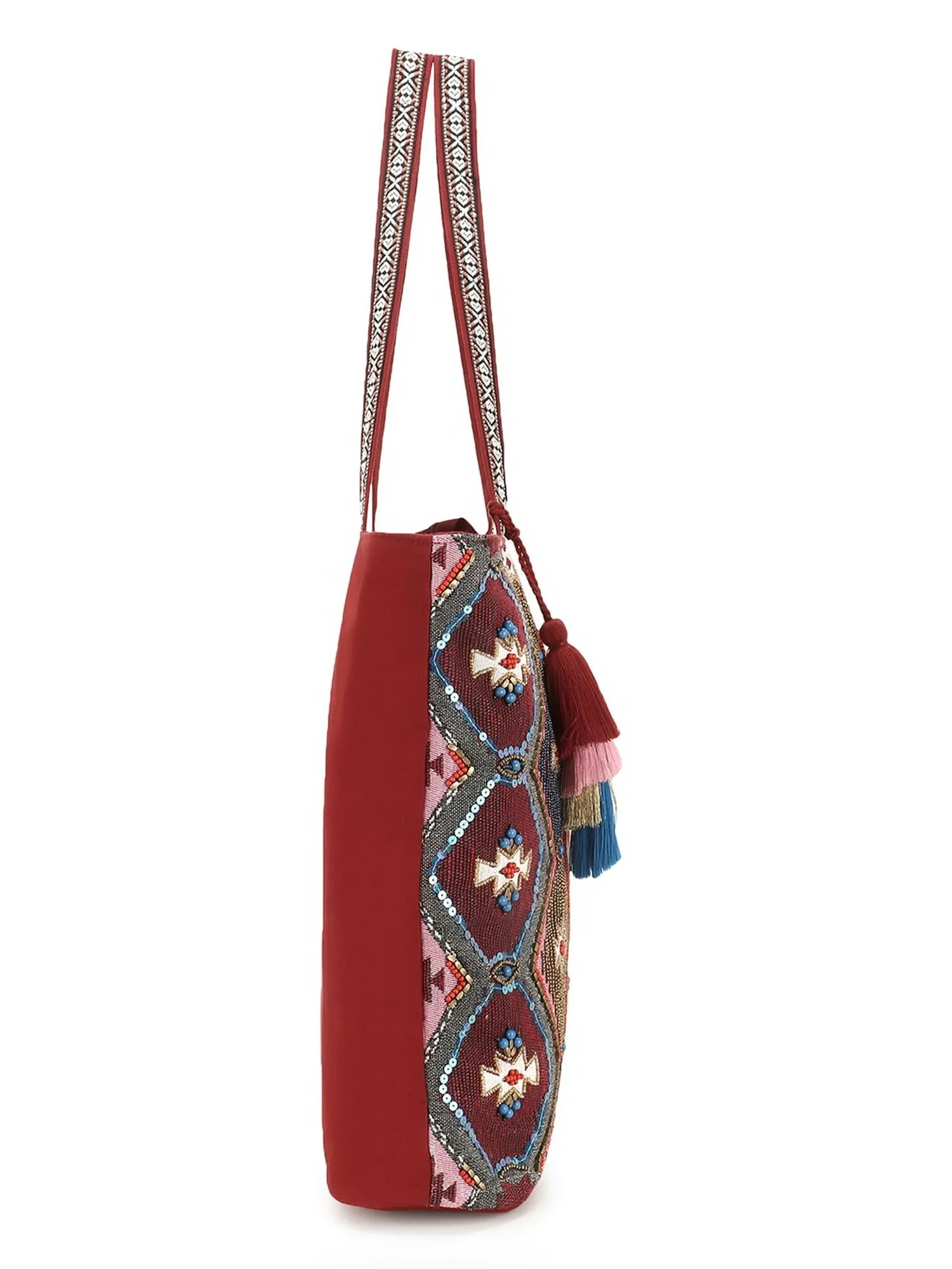 Tribal Acrylic Cotton Canvas Chevron Embellished Tote Bag