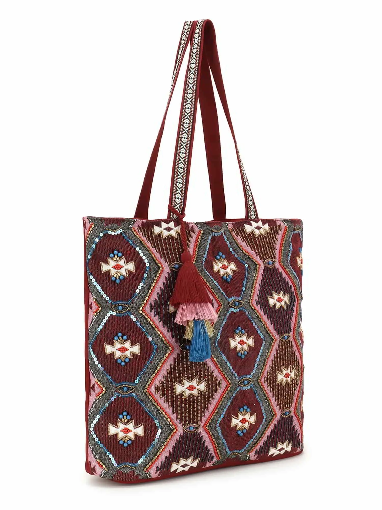 Tribal Acrylic Cotton Canvas Chevron Embellished Tote Bag