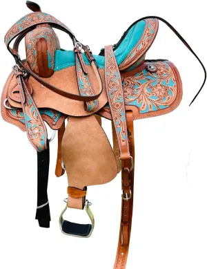 Turquoise Kids/Youth/Adult Western Horse Barrel Saddle Genuine Leather Floral Tooled Trail Saddle Tack Set 10" to 18" ST-219