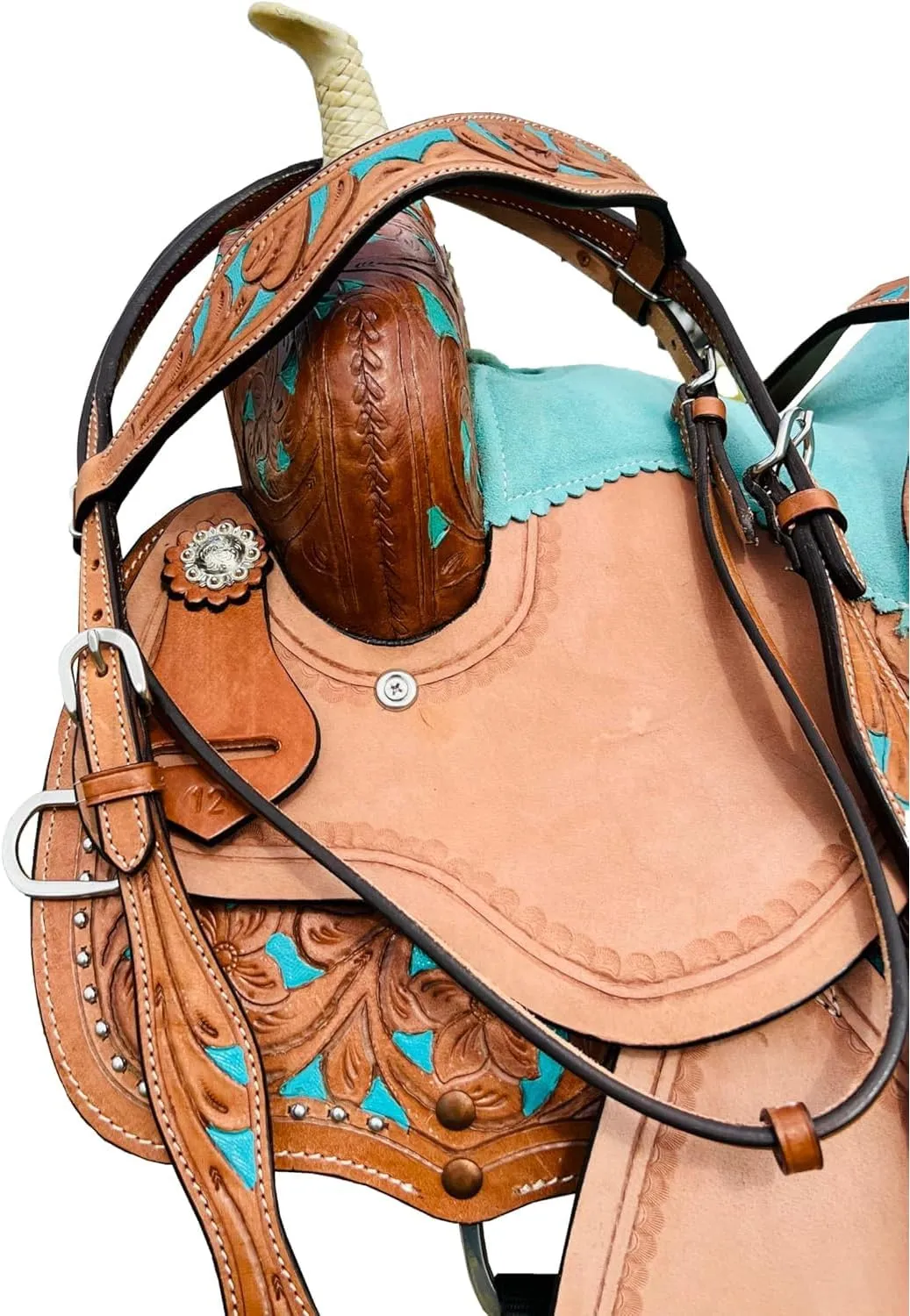 Turquoise Kids/Youth/Adult Western Horse Barrel Saddle Genuine Leather Floral Tooled Trail Saddle Tack Set 10" to 18" ST-219
