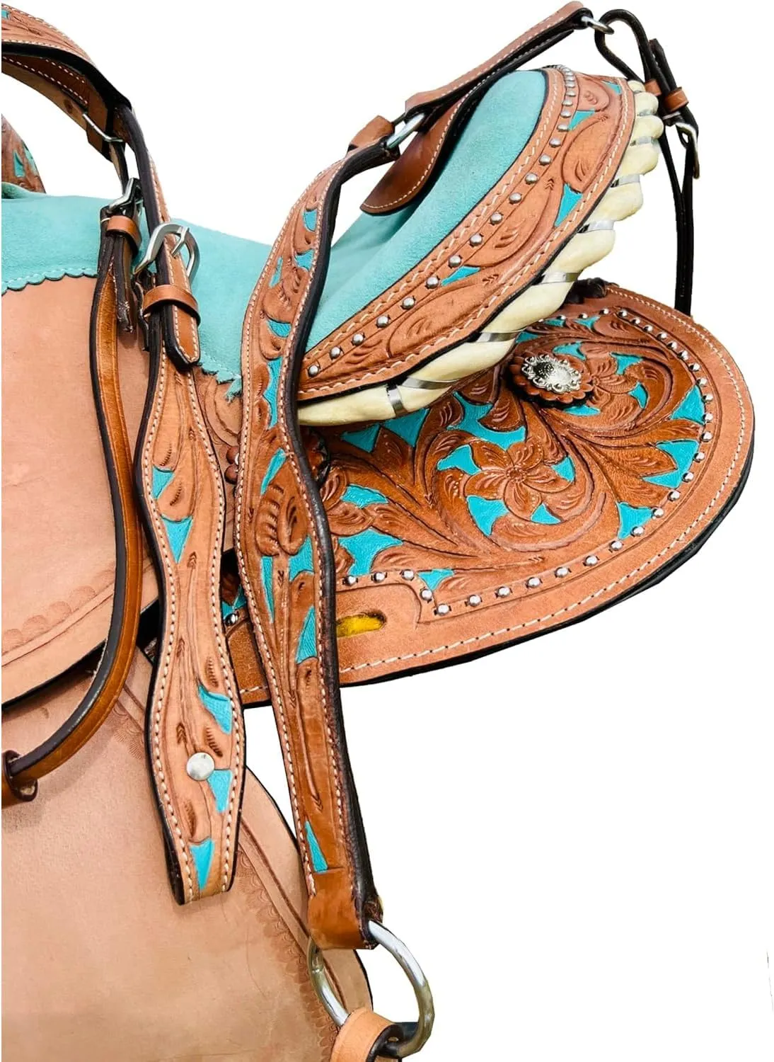 Turquoise Kids/Youth/Adult Western Horse Barrel Saddle Genuine Leather Floral Tooled Trail Saddle Tack Set 10" to 18" ST-219