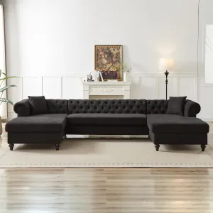 U-Shaped Oversized Symmetrical Sectional Sofa Couch Classic Chesterfield Scroll Armrest Button Tufted Sofa&Couch with Extra Wide Chaises and 2 Pillows for Living Room Home Theater/Office/Apartment