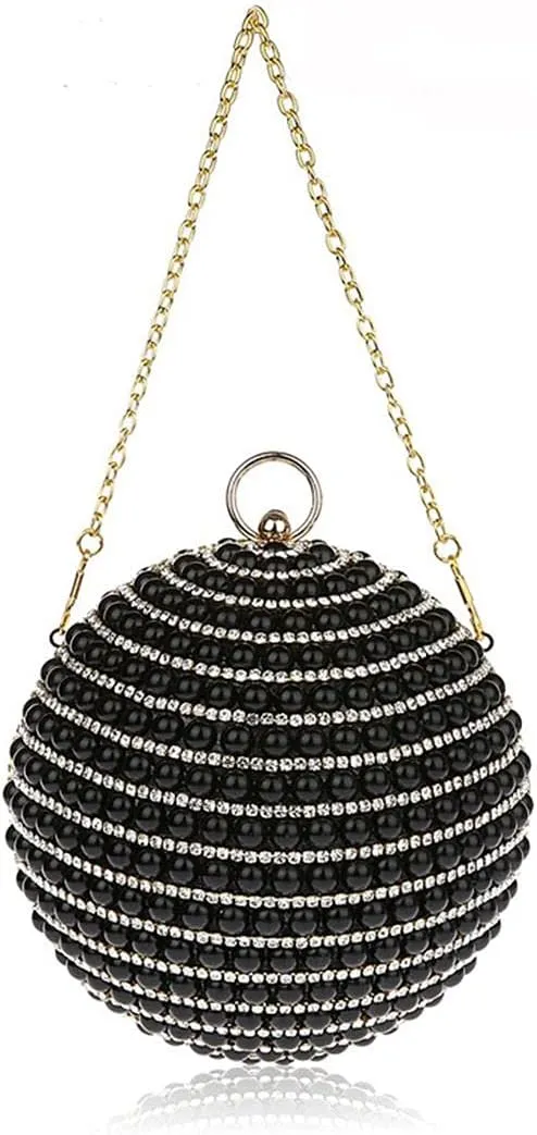 UMREN Women Round Clutch Ball Evening Bag Dazzling Full Beaded Artificial Pearls Handbag for Wedding Parites Prom
