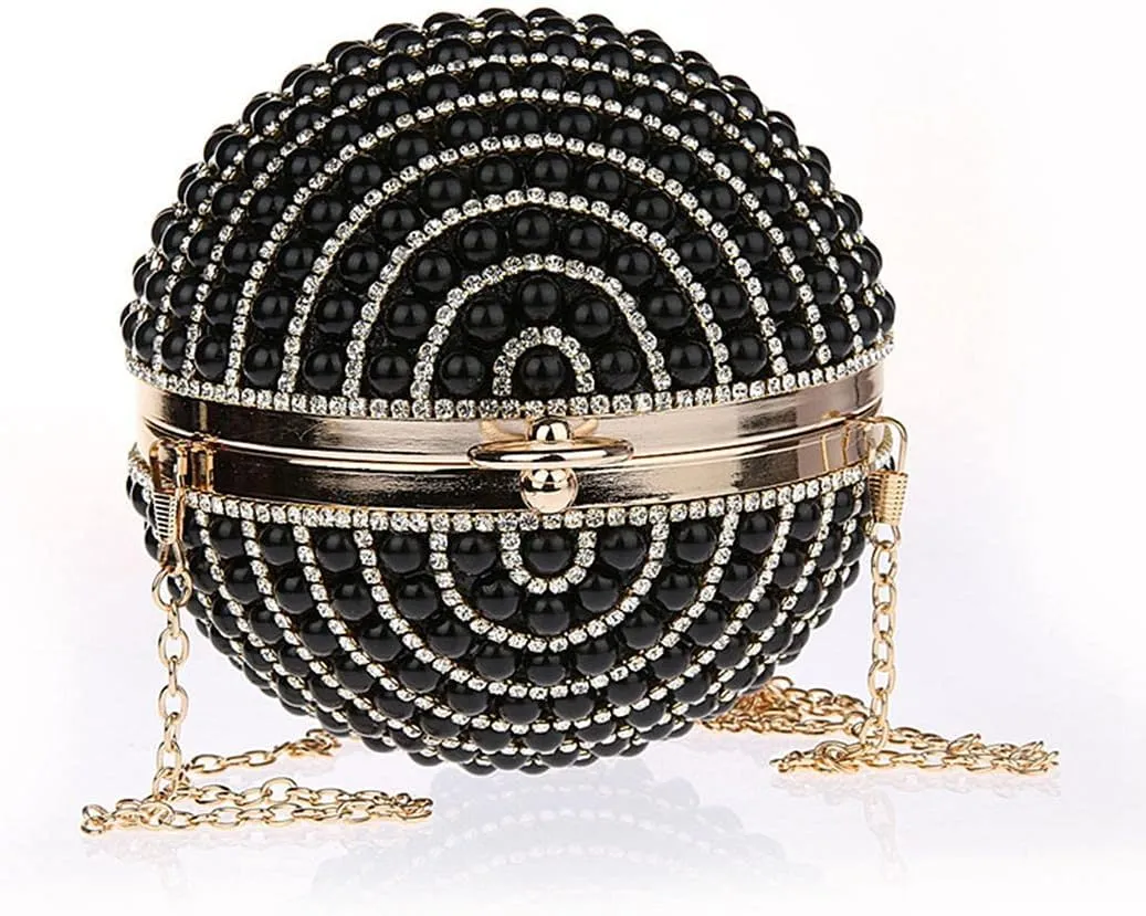 UMREN Women Round Clutch Ball Evening Bag Dazzling Full Beaded Artificial Pearls Handbag for Wedding Parites Prom