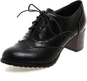 Uniquelly Women's Lace up Oxfords Vintage Brogues Shoes Round Toe Stacked Heel Wingtip Oxford Shoes Chunky Block Heels Retro Saddle Shoes Pumps