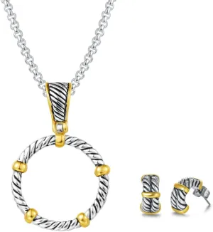 UNY JEWEL Jewelry Sets Double Rope Twisted Wire Cable Bond Together by Gold Bar Enhancer Pendant 2mm Box Chain 45cm   5cm Extension Lobster Clasp Small Size C Shape Earring