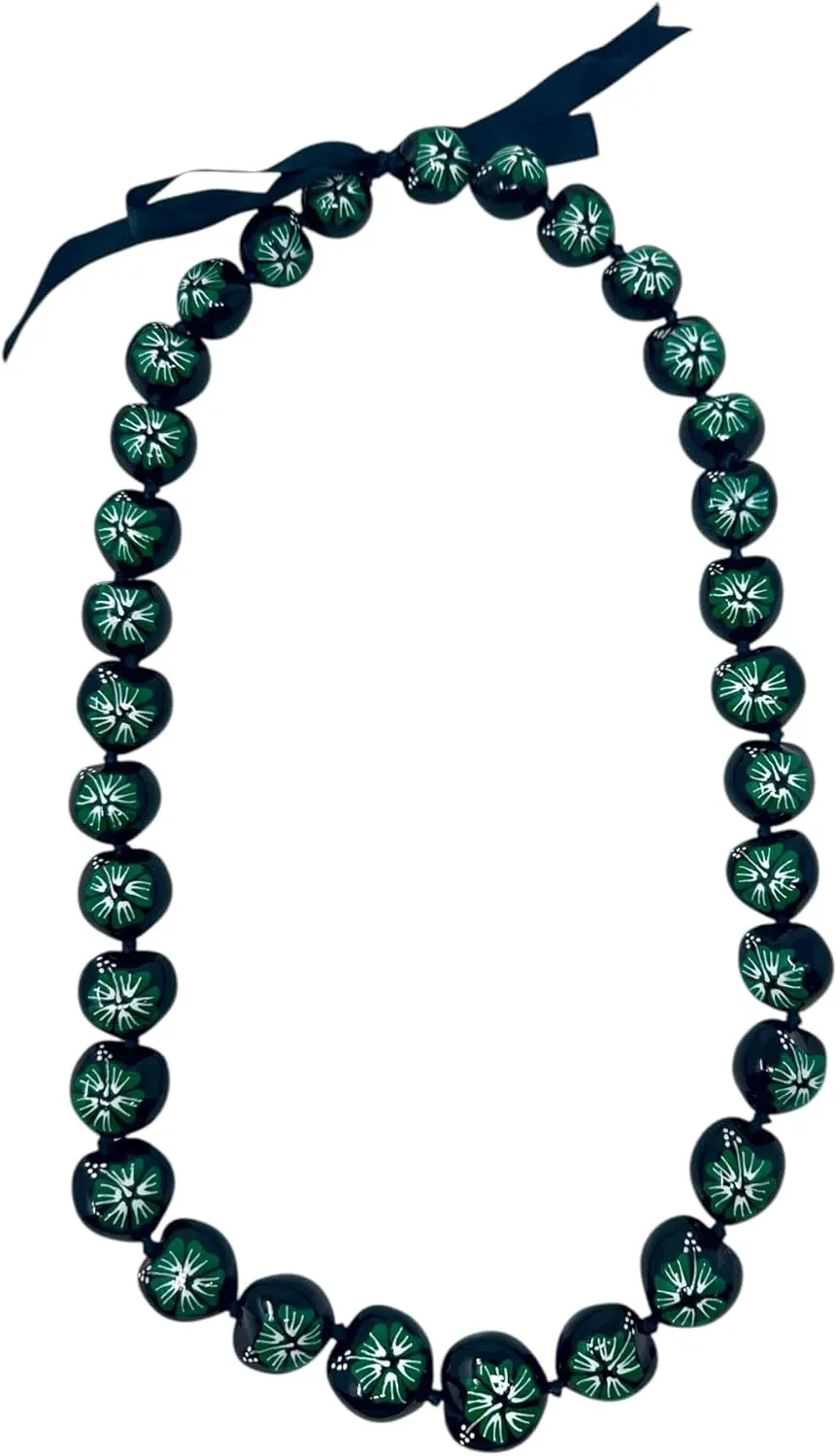 Utama Hawaiian Kukui Nut Leis Beads Necklaces with Hand Painted Flower Adjustable 32 Inch - Necklace for Graduation & Parties