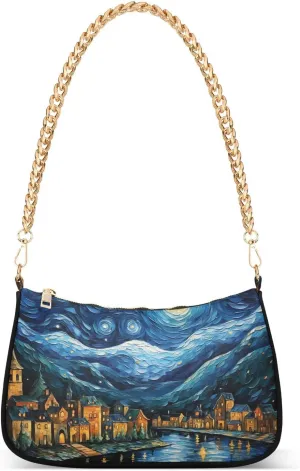 Van Gogh Cityscape Village Chain Shoulder Bag Hobo Tote Handbag Mini Clutch Purse with Zipper Closure for Women