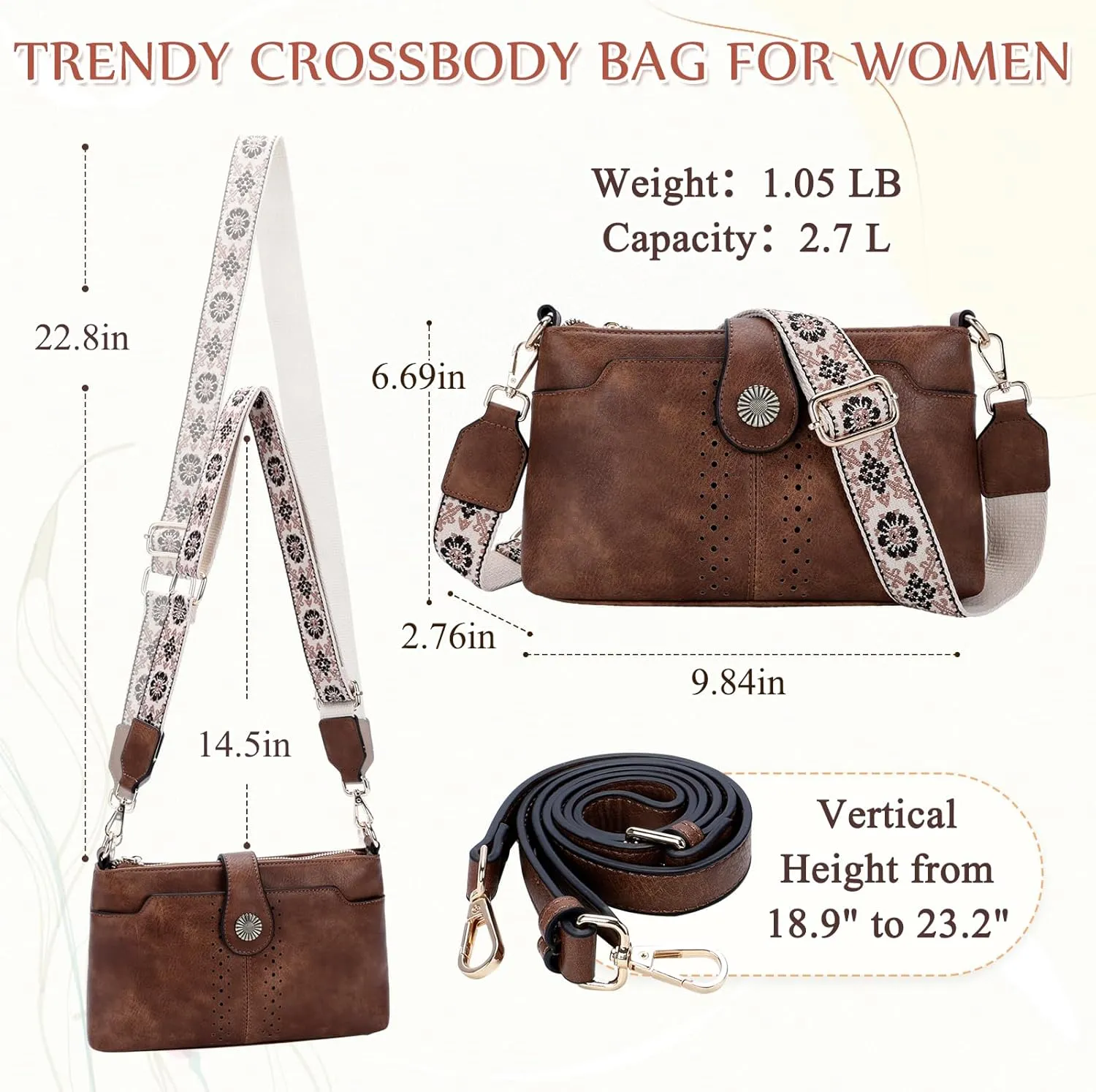 VASCHY Crossbody Bag Purse for Women, Fashion Soft Vegan Leather Small Shoulder Handbag with Detachable Guitar Strap
