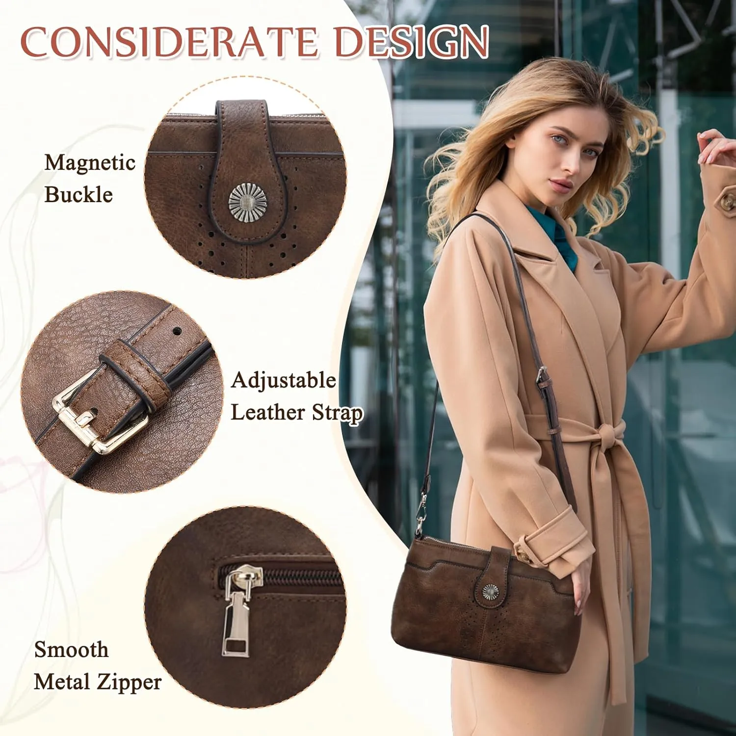 VASCHY Crossbody Bag Purse for Women, Fashion Soft Vegan Leather Small Shoulder Handbag with Detachable Guitar Strap