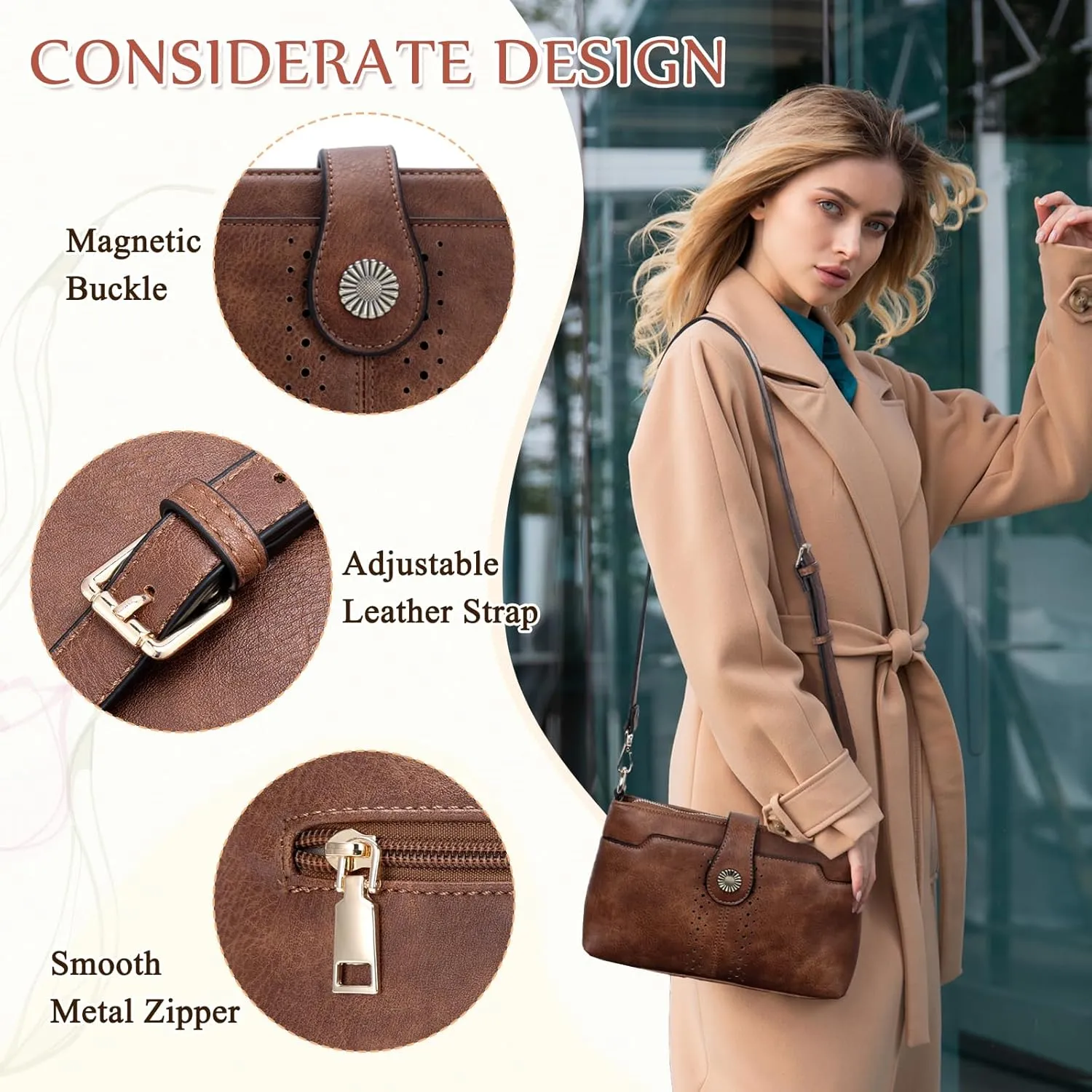 VASCHY Crossbody Bag Purse for Women, Fashion Soft Vegan Leather Small Shoulder Handbag with Detachable Guitar Strap