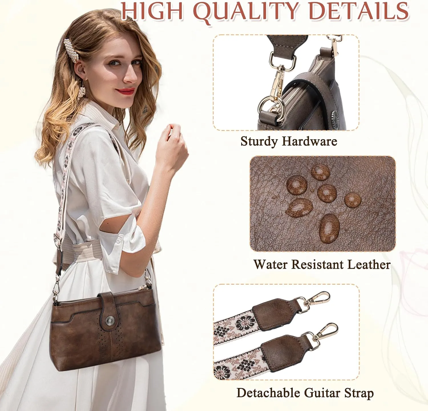 VASCHY Crossbody Bag Purse for Women, Fashion Soft Vegan Leather Small Shoulder Handbag with Detachable Guitar Strap