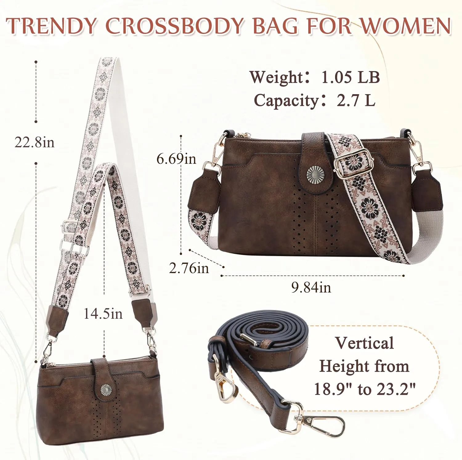 VASCHY Crossbody Bag Purse for Women, Fashion Soft Vegan Leather Small Shoulder Handbag with Detachable Guitar Strap