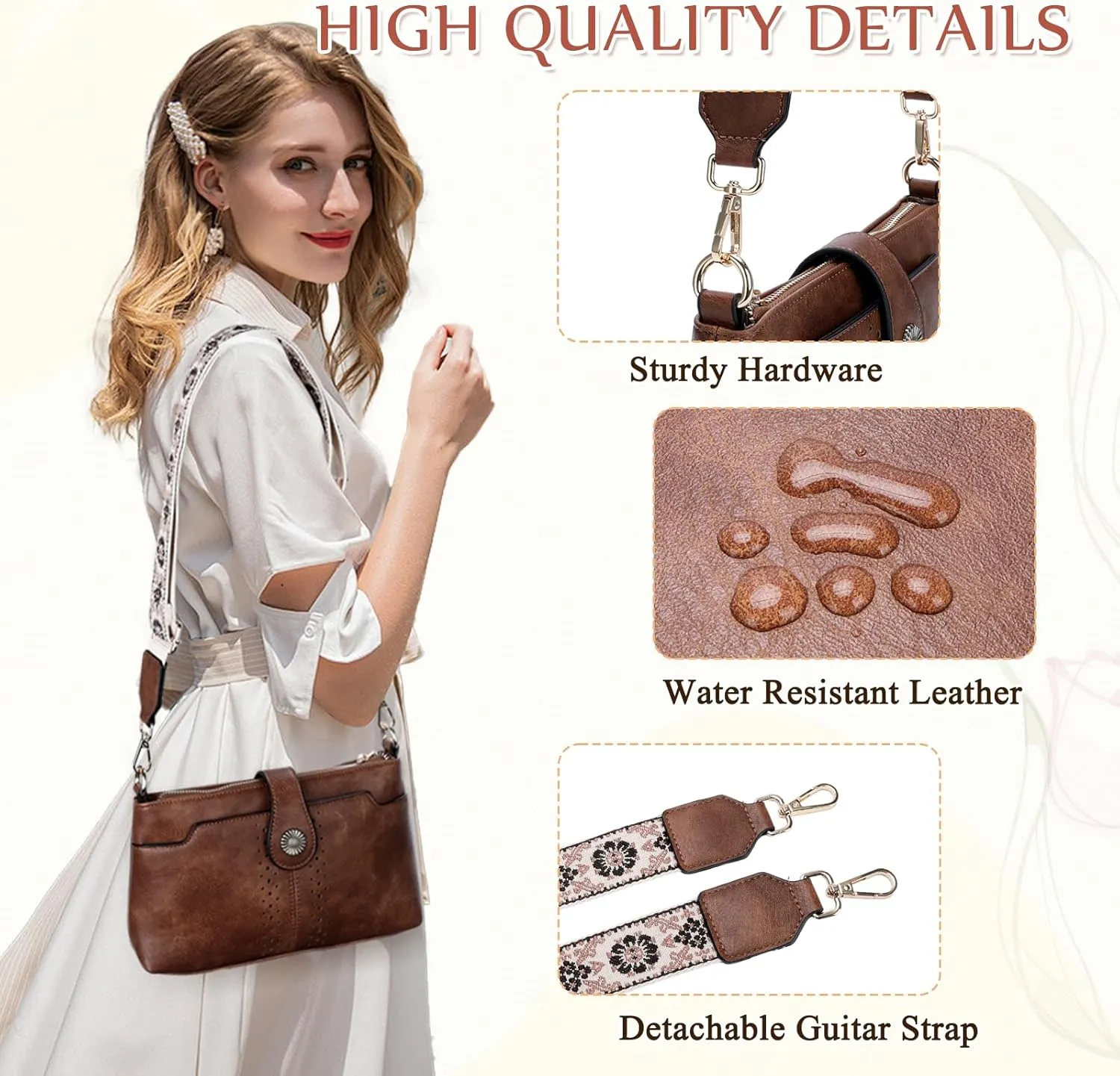 VASCHY Crossbody Bag Purse for Women, Fashion Soft Vegan Leather Small Shoulder Handbag with Detachable Guitar Strap