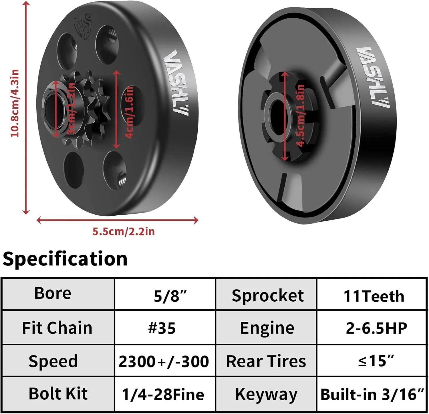 Vashly Go Kart Clutch 5/8" Bore 11 Tooth for #35 Chain Predator 212 Clutch 11T Centrifugal Clutch Perfect for Go Kart, Minibike and Fun Kart Engine