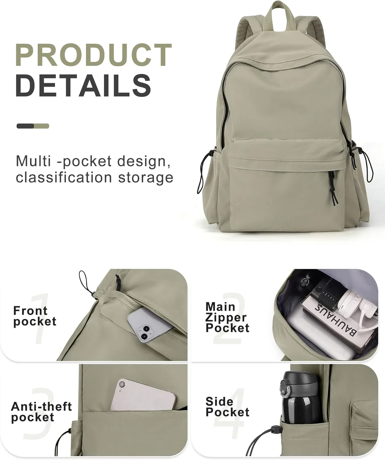 VECAVE School Backpack Green Waterproof Bookbag Casual Lightweight Travel Rucksack Daypack Backpacks for Men Women College High School Bags backpack for Boys Girls Teens