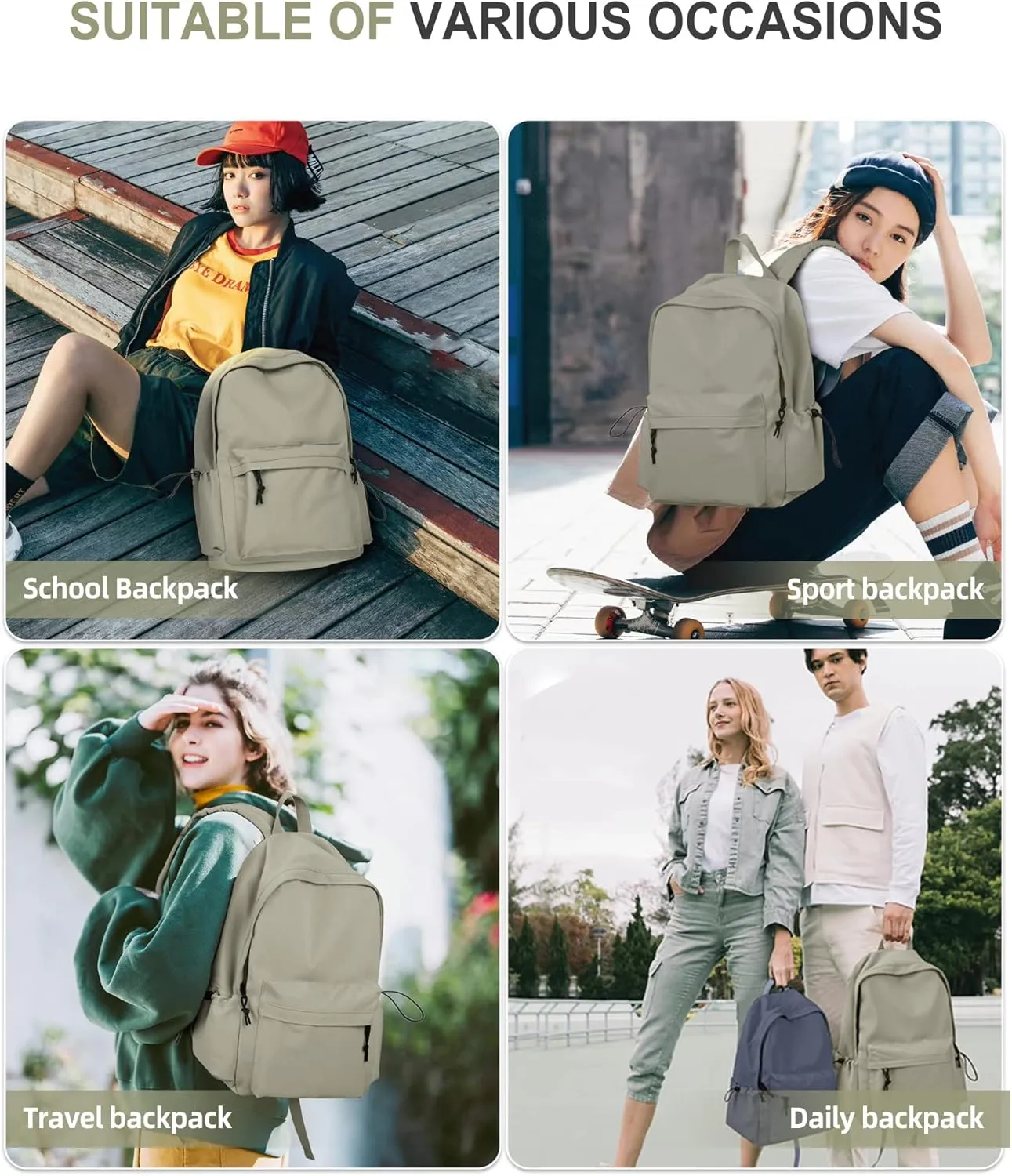 VECAVE School Backpack Green Waterproof Bookbag Casual Lightweight Travel Rucksack Daypack Backpacks for Men Women College High School Bags backpack for Boys Girls Teens