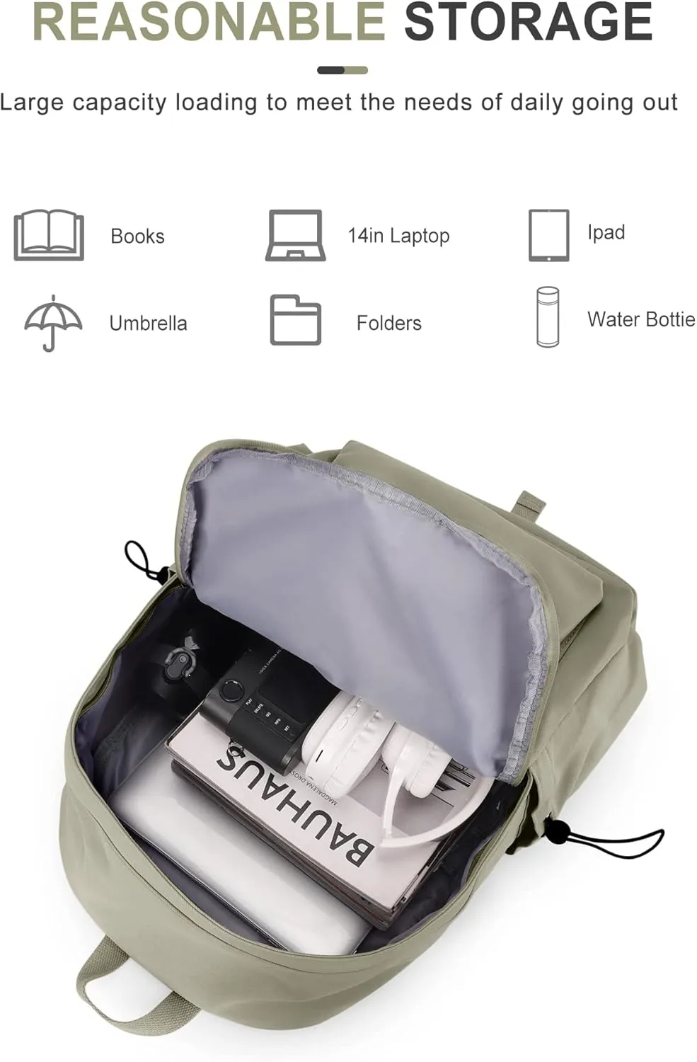 VECAVE School Backpack Green Waterproof Bookbag Casual Lightweight Travel Rucksack Daypack Backpacks for Men Women College High School Bags backpack for Boys Girls Teens
