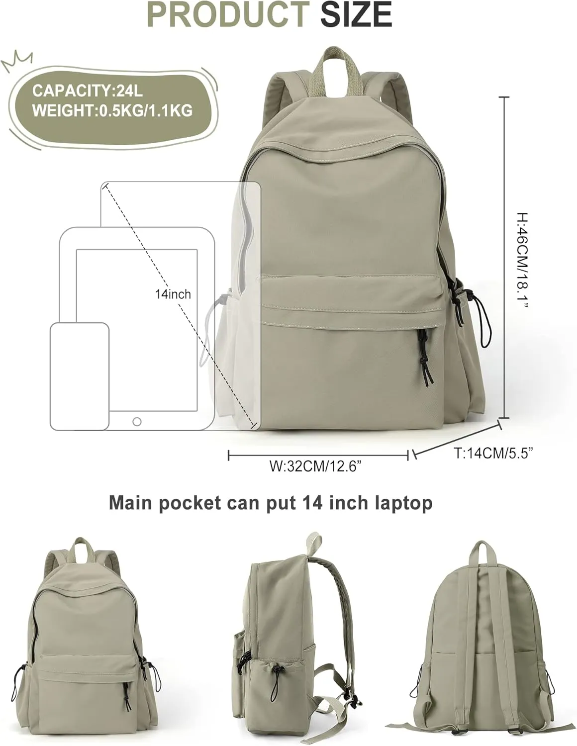 VECAVE School Backpack Green Waterproof Bookbag Casual Lightweight Travel Rucksack Daypack Backpacks for Men Women College High School Bags backpack for Boys Girls Teens
