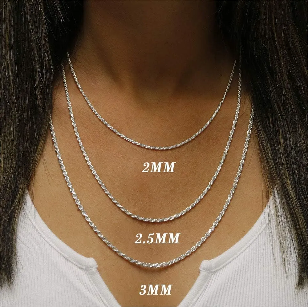 Verona Jewelers 925 Sterling Silver Diamond-Cut Rope Chain Solid Link Necklace 2MM 2.5MM 3MM- Braided Twist Necklace, Men Women,925 sterling silver necklace Made In Italy, 14-36