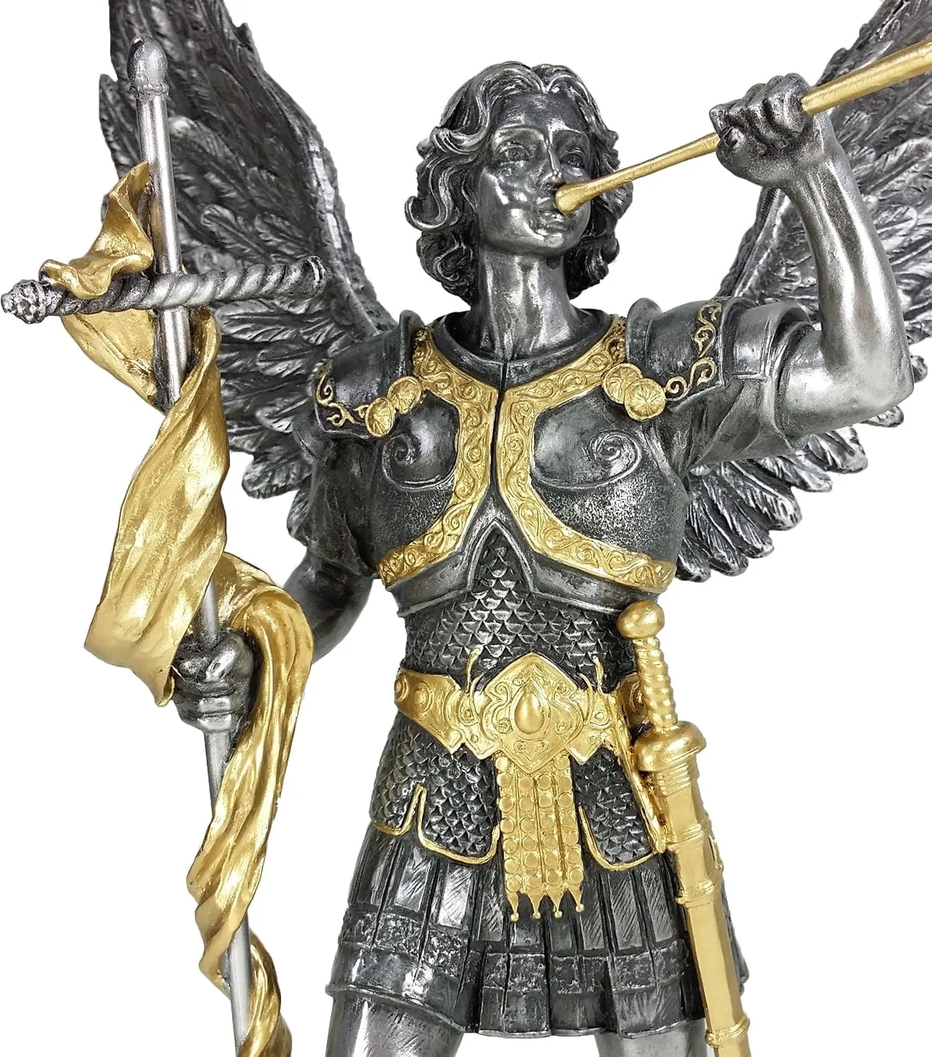 Veronese Design 13" Saint Gabriel Archangel Statue Holding Trumpet and Cross Cold Cast Resin Antique Pewter Gold Finish Angel Sculpture