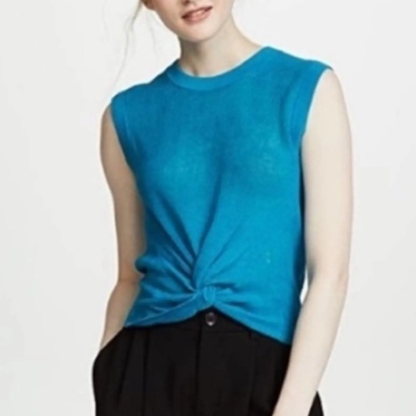 Veronica Beard Kellen Twist-Front Sleeveless Linen Knit Top (Medium)
