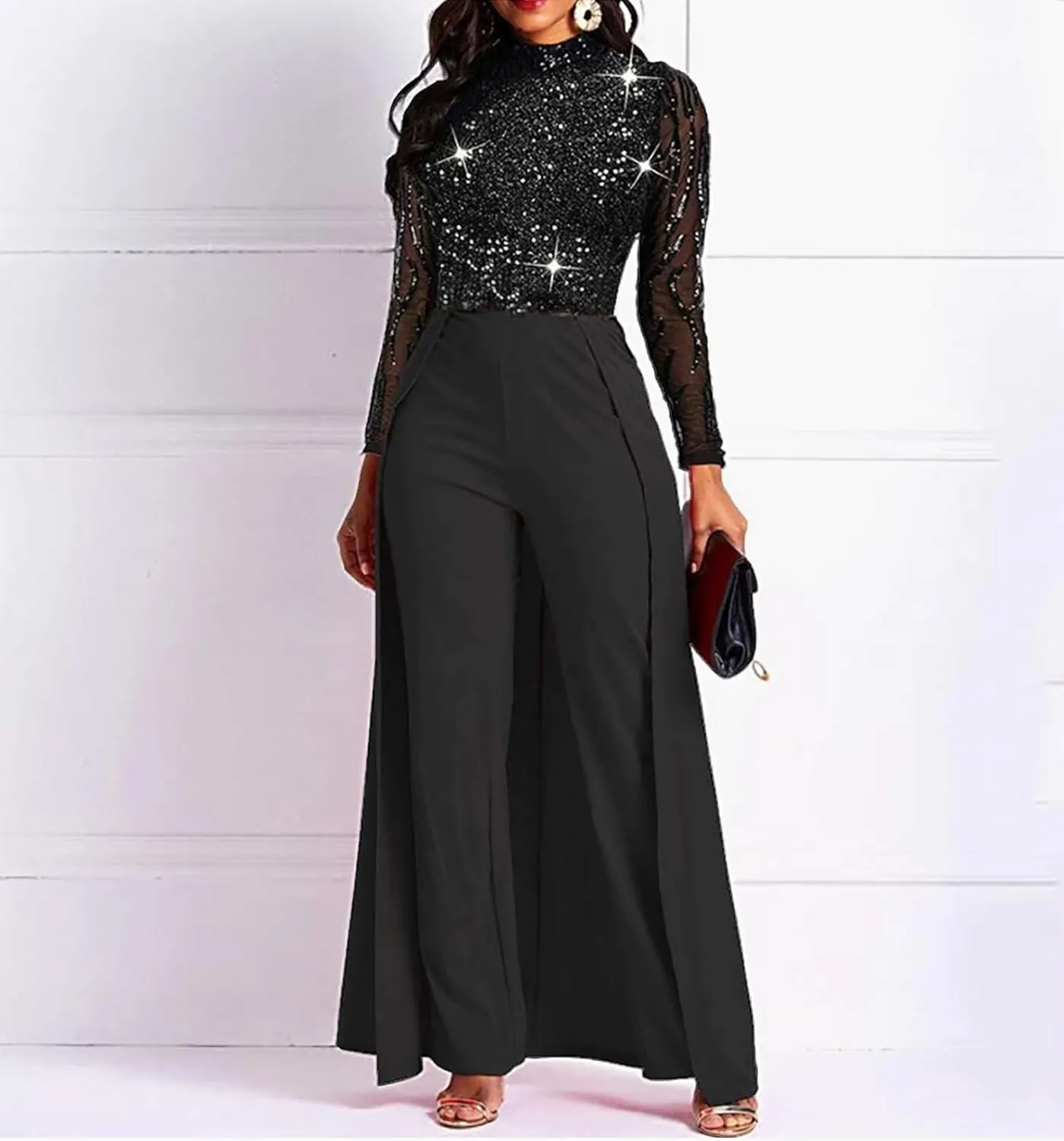 VERWIN Patchwork Overlay Embellished Plain Women's Jumpsuit High-Waist Woman Romper