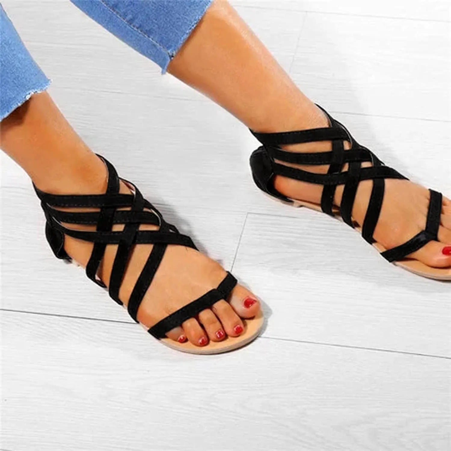 VESNIBA Women's Summer Sandals Casual Flat Zipper Beach Open Toe Breathable Shoes