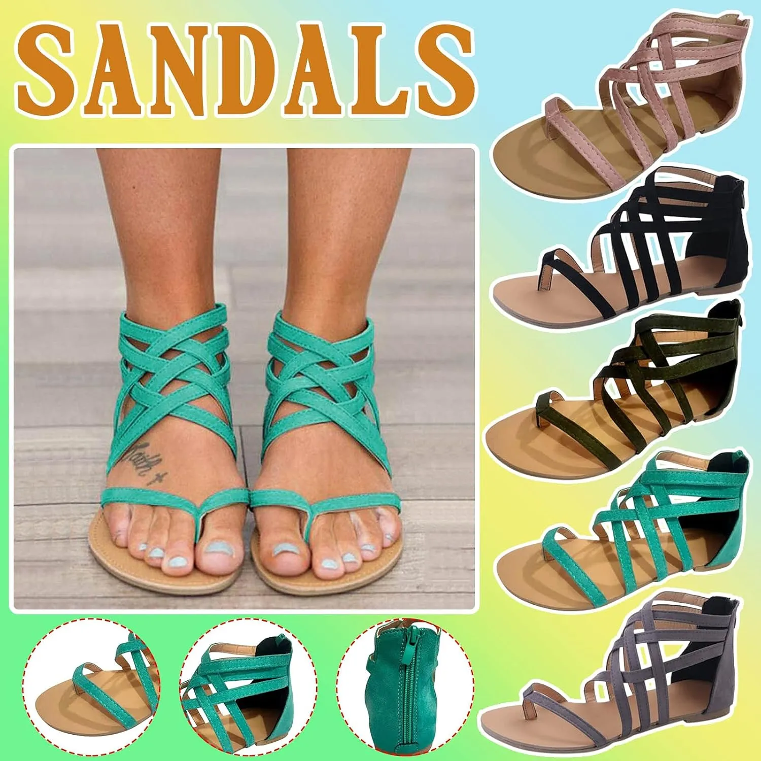 VESNIBA Women's Summer Sandals Casual Flat Zipper Beach Open Toe Breathable Shoes