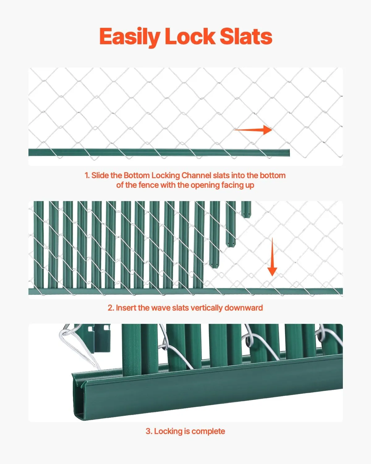 VEVOR Bottom Locking Privacy Slats, Single-Wall Vertical Bottom-Locking Slats for Chain-Link Fence, High-Density HDPE Chain Link Slats Ideally Fit 5' High Fence for Garden, Farm, Sports Field(Green)