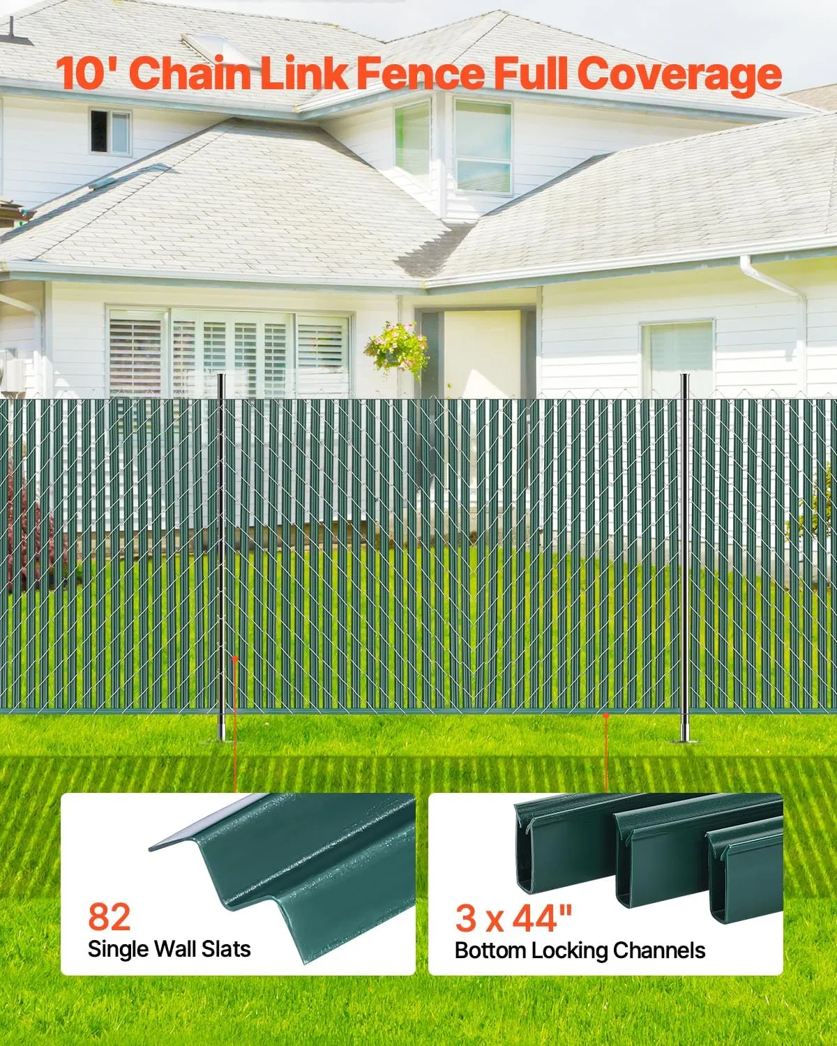 VEVOR Bottom Locking Privacy Slats, Single-Wall Vertical Bottom-Locking Slats for Chain-Link Fence, High-Density HDPE Chain Link Slats Ideally Fit 5' High Fence for Garden, Farm, Sports Field(Green)