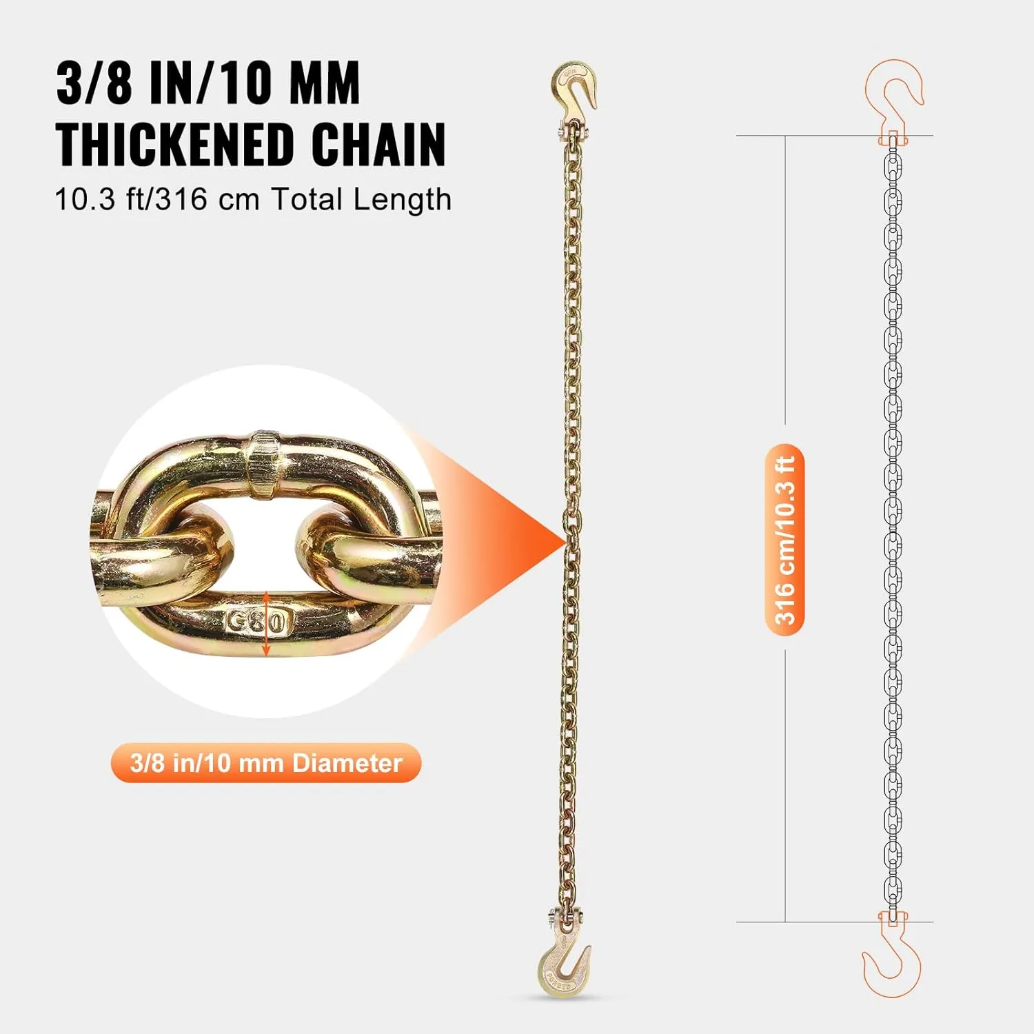 VEVOR G80 Transport Binder Chain, 3/8" x 10.3' Tow Chain with Clevis Grab Hooks, 7100 lbs Safe Working Load, Heavy Duty Trailer Logging Chain for Transporting Towing Truck Tie Down Binding Equipment