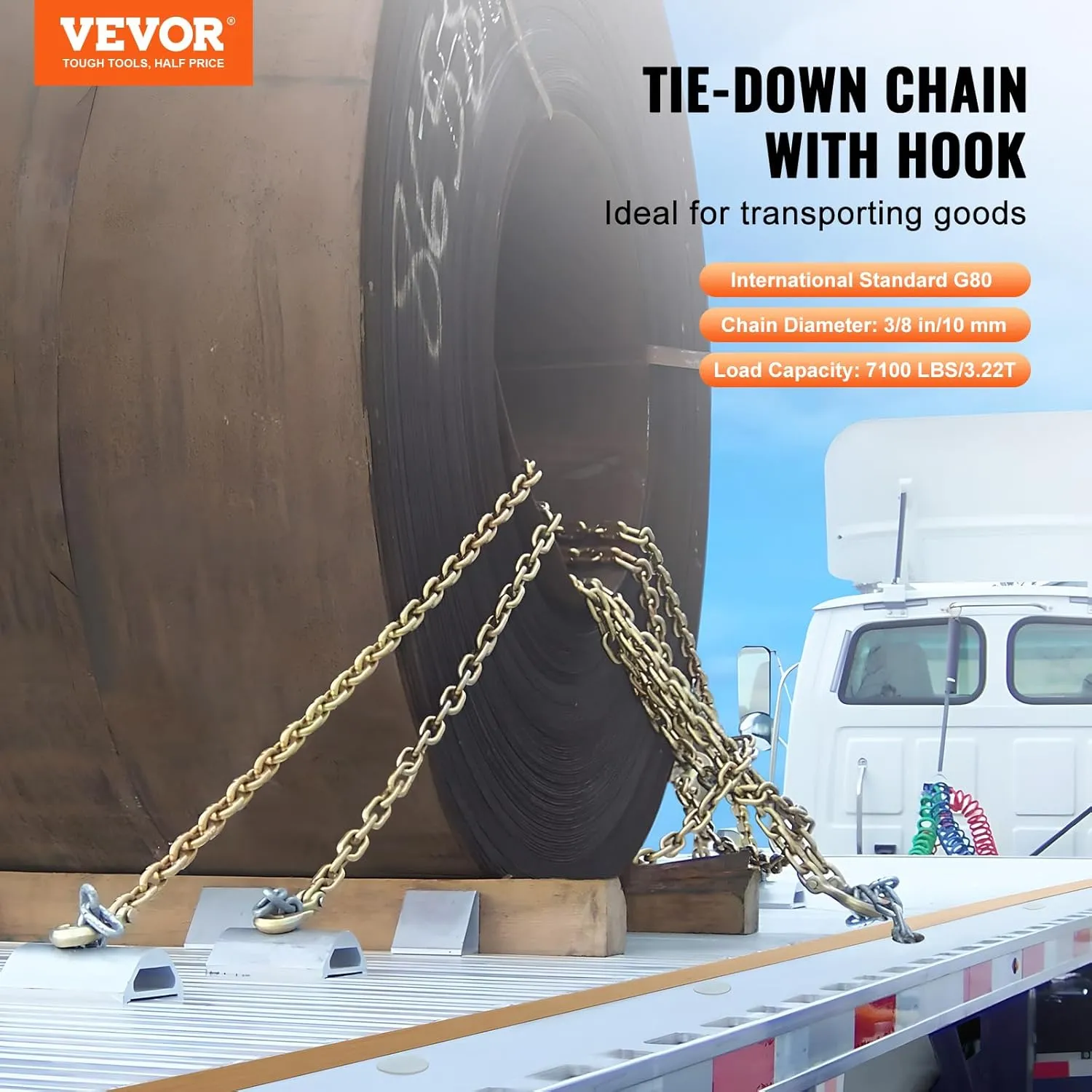 VEVOR G80 Transport Binder Chain, 3/8" x 10.3' Tow Chain with Clevis Grab Hooks, 7100 lbs Safe Working Load, Heavy Duty Trailer Logging Chain for Transporting Towing Truck Tie Down Binding Equipment