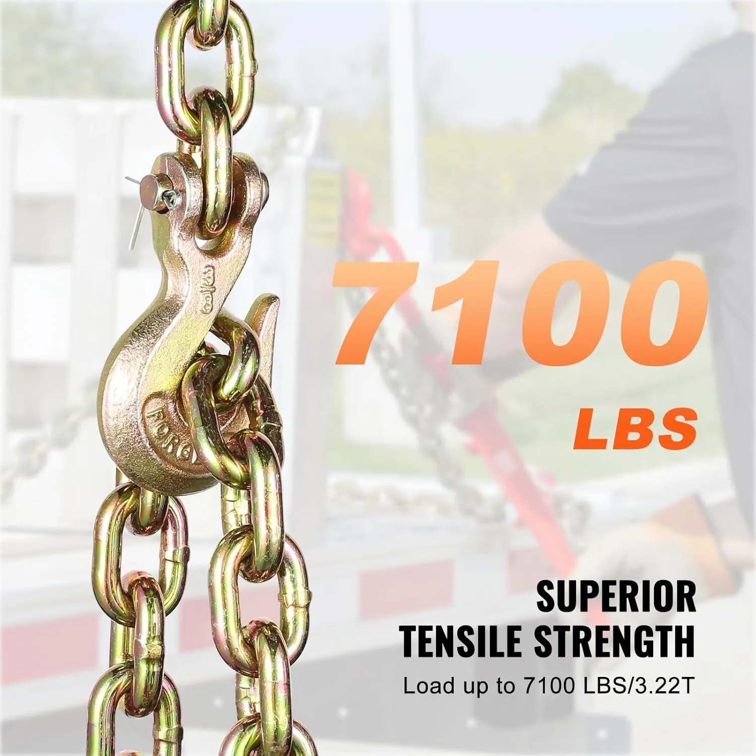 VEVOR G80 Transport Binder Chain, 3/8" x 10.3' Tow Chain with Clevis Grab Hooks, 7100 lbs Safe Working Load, Heavy Duty Trailer Logging Chain for Transporting Towing Truck Tie Down Binding Equipment