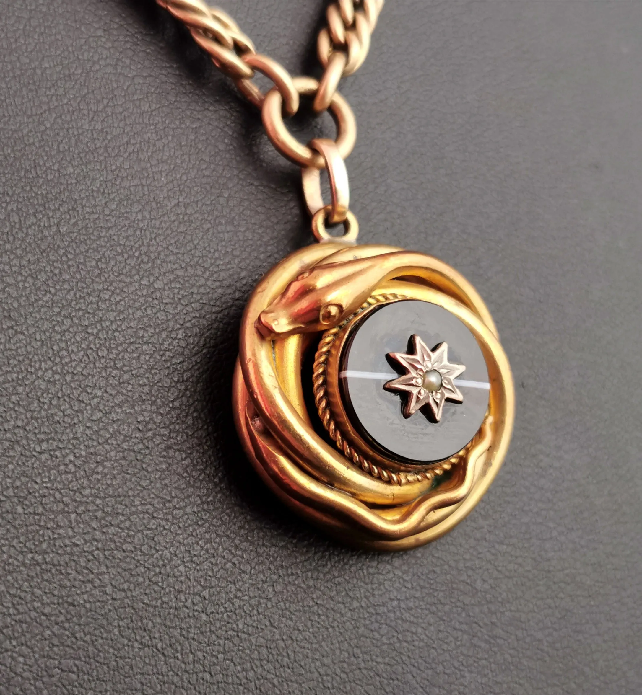 Victorian Agate snake pendant, Pinchbeck Albert chain, necklace