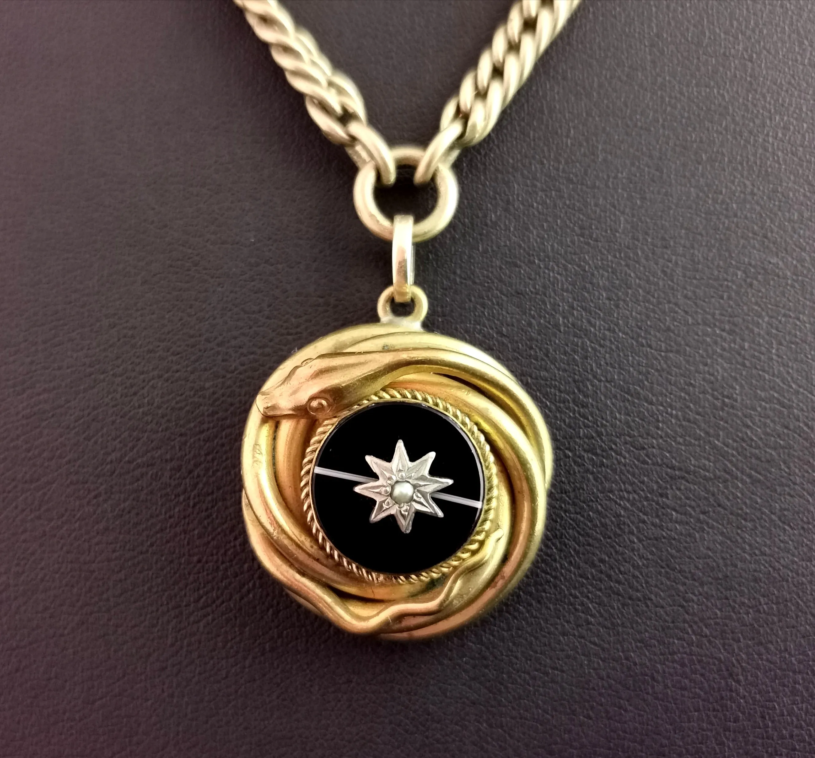 Victorian Agate snake pendant, Pinchbeck Albert chain, necklace