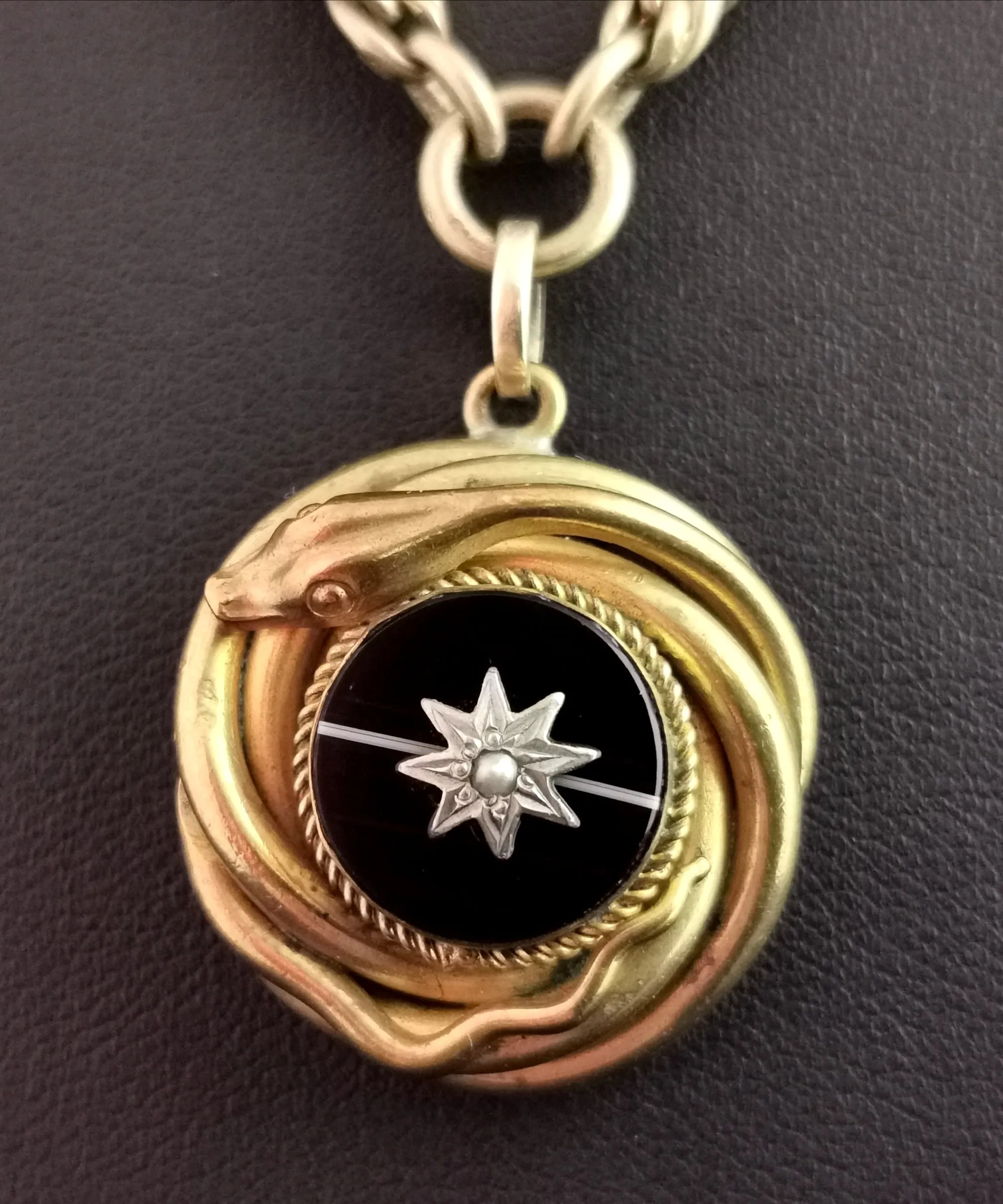 Victorian Agate snake pendant, Pinchbeck Albert chain, necklace