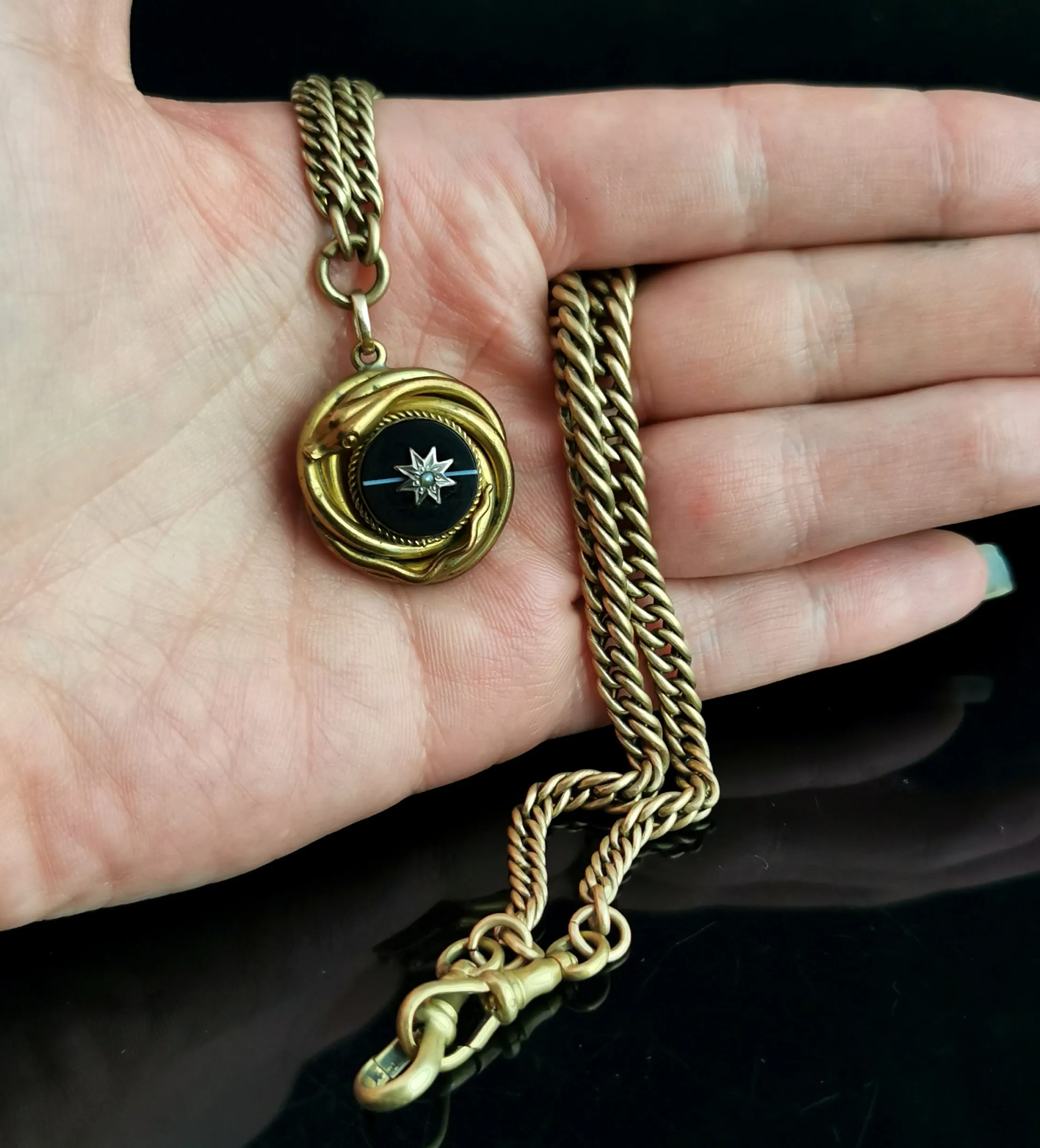 Victorian Agate snake pendant, Pinchbeck Albert chain, necklace