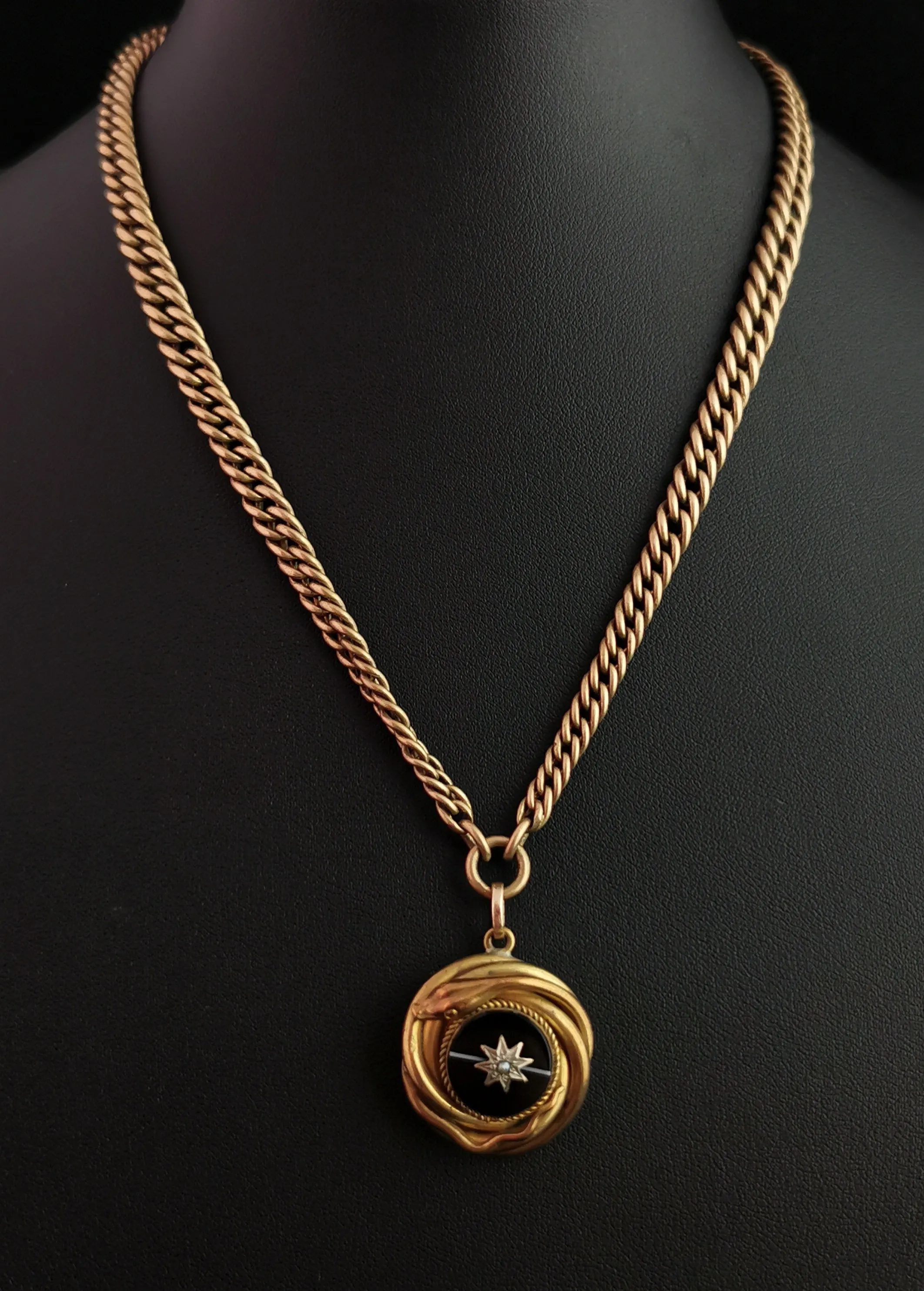 Victorian Agate snake pendant, Pinchbeck Albert chain, necklace