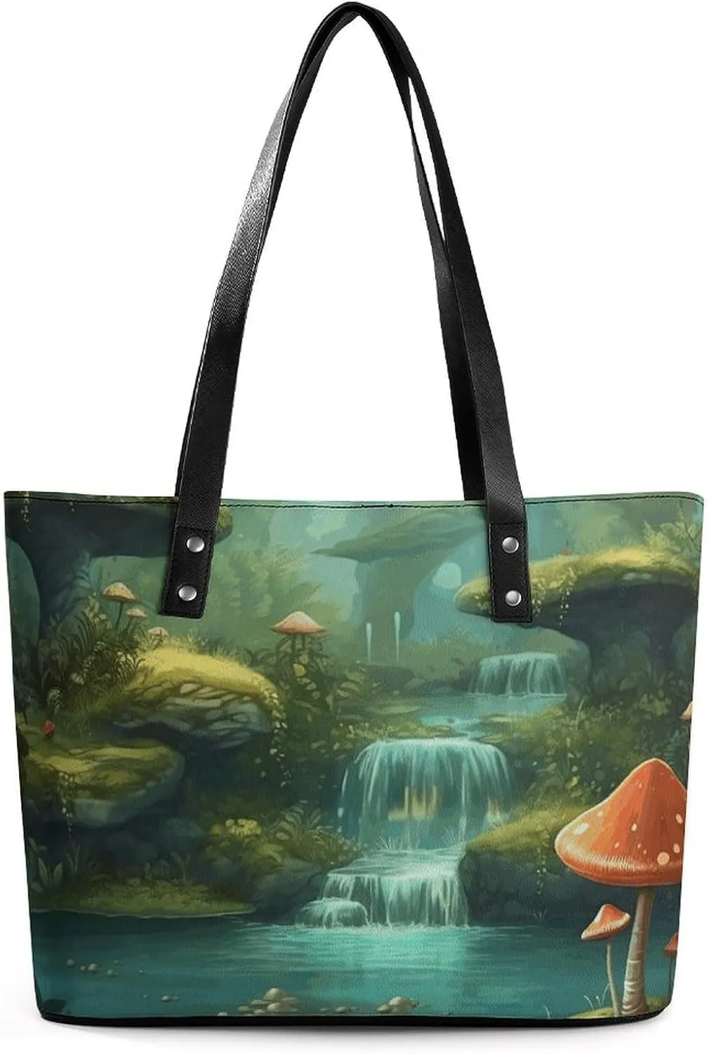 View of Fantasy River with Pond And Fishes Mushroom in Jungle Trees Leather Lady's Handbag Crossbody Purse for Women Ladies Soft Shoulder Bag Medium Roomy Handbag Fashion Tote Top Handle Satchel