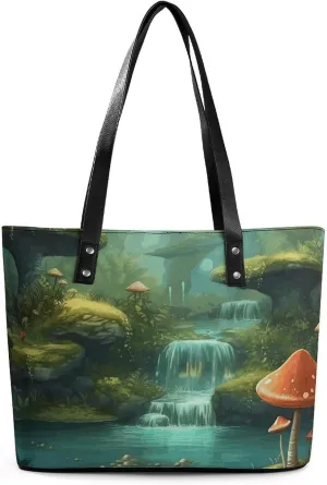 View of Fantasy River with Pond And Fishes Mushroom in Jungle Trees Leather Lady's Handbag Crossbody Purse for Women Ladies Soft Shoulder Bag Medium Roomy Handbag Fashion Tote Top Handle Satchel