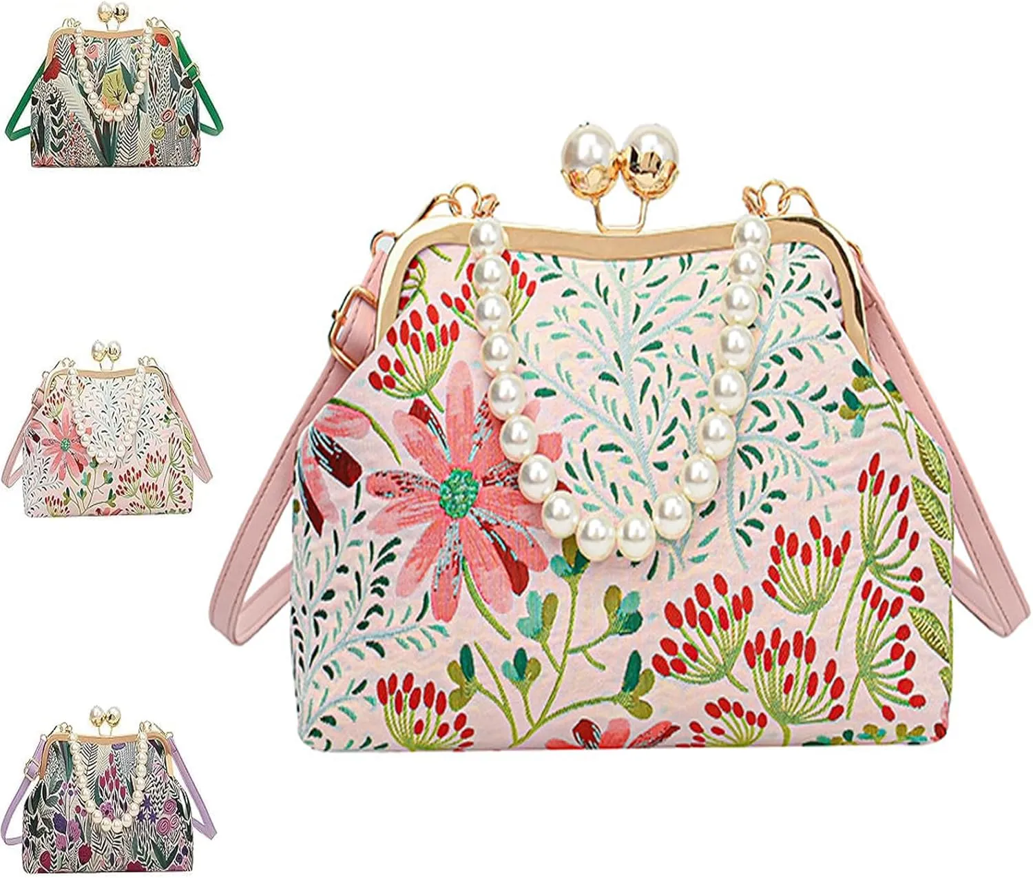 Vintage Embroidered Flower Handbag, Retro Pearl Chain Crossbody Bag, Flower Embroidery Rustic Shoulder, Suitable For Women